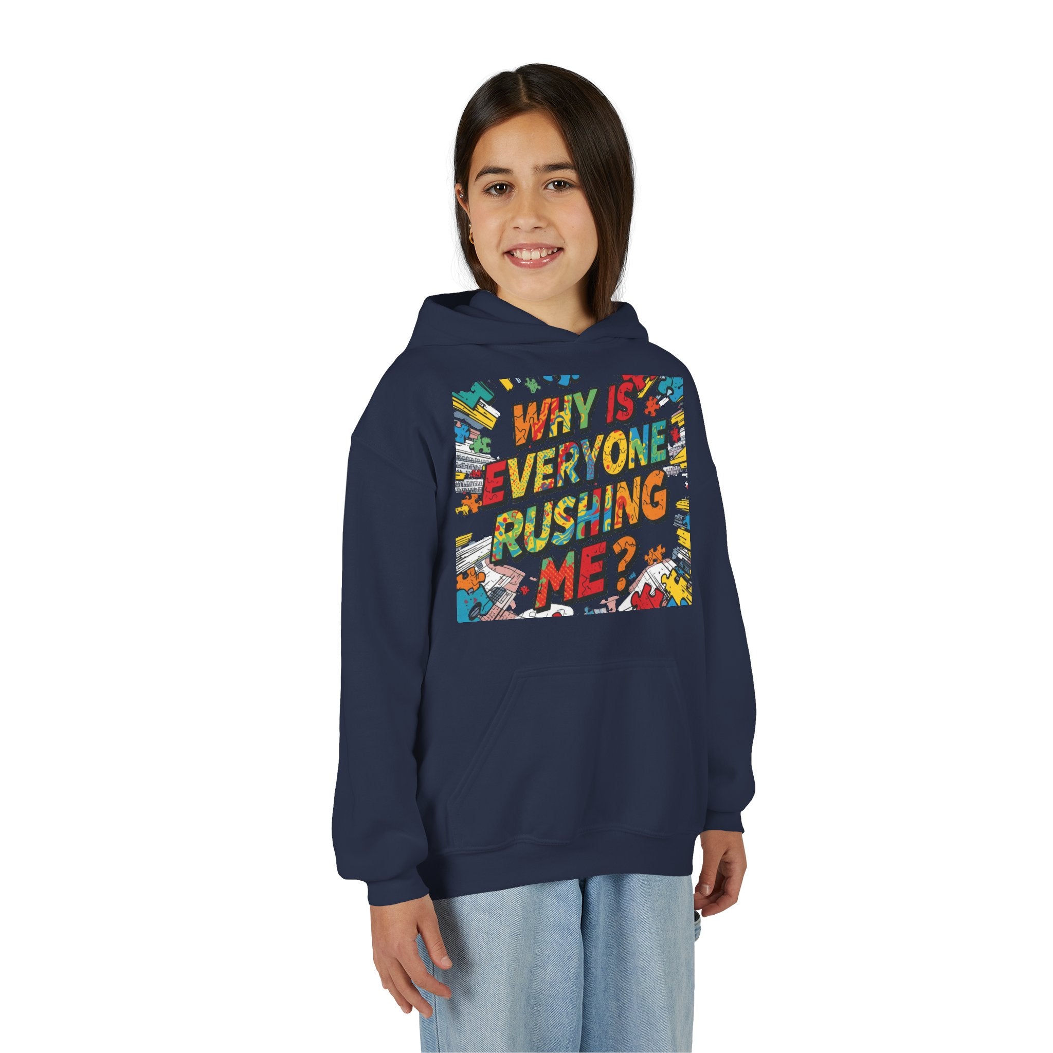 Youth Hoodie — "Why Is Everyone Rushing Me?" Colorful Comic Graphic