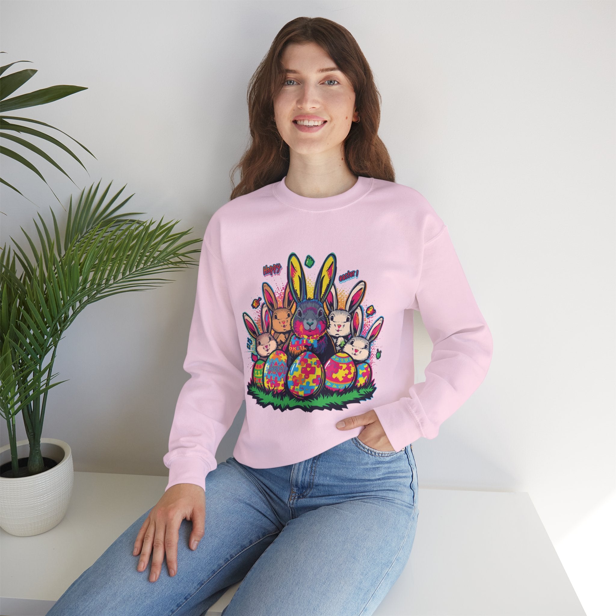 Easter Meets Autism Crewneck Sweatshirt — Colorful Bunnies & Painted Eggs Design