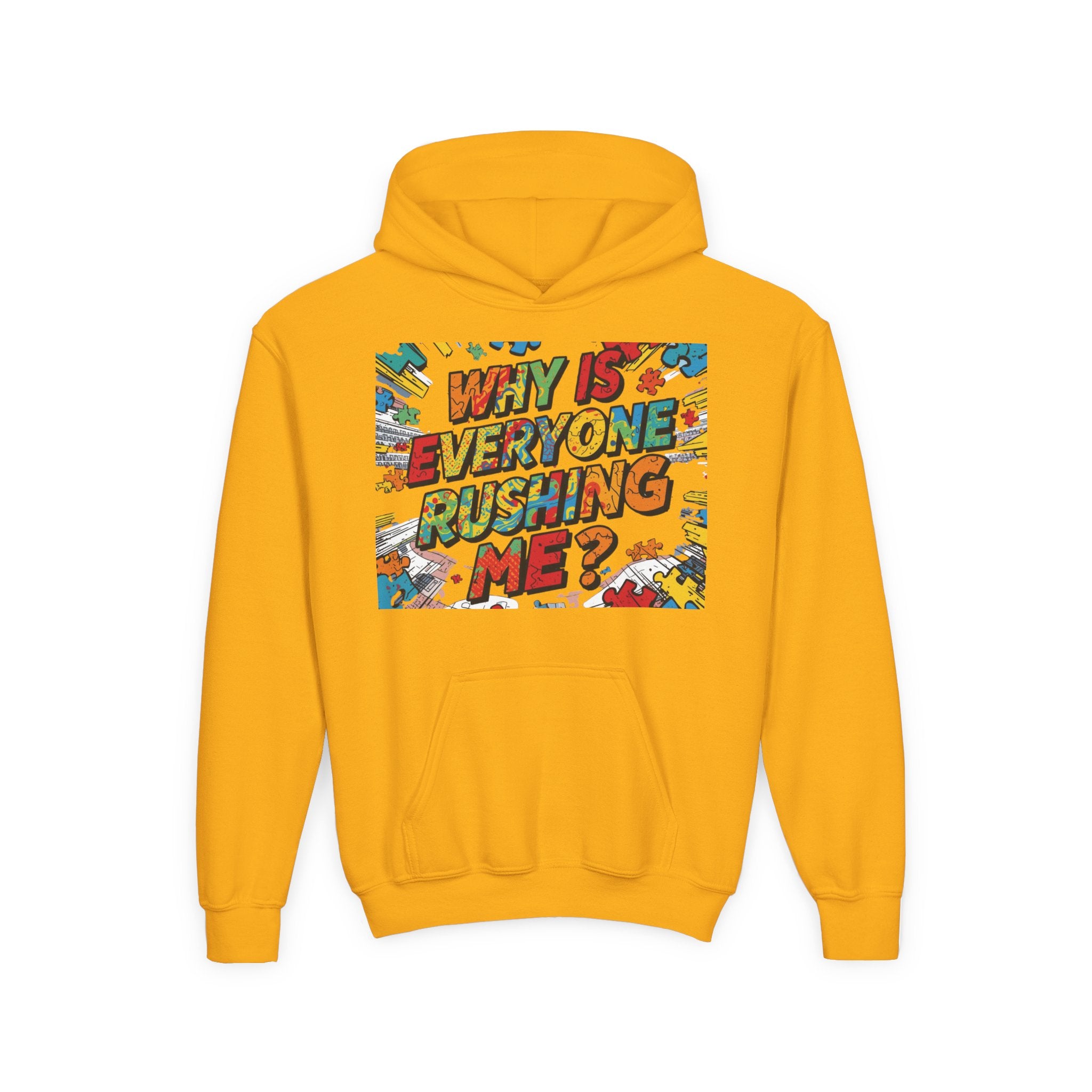 Youth Hoodie — "Why Is Everyone Rushing Me?" Colorful Comic Graphic