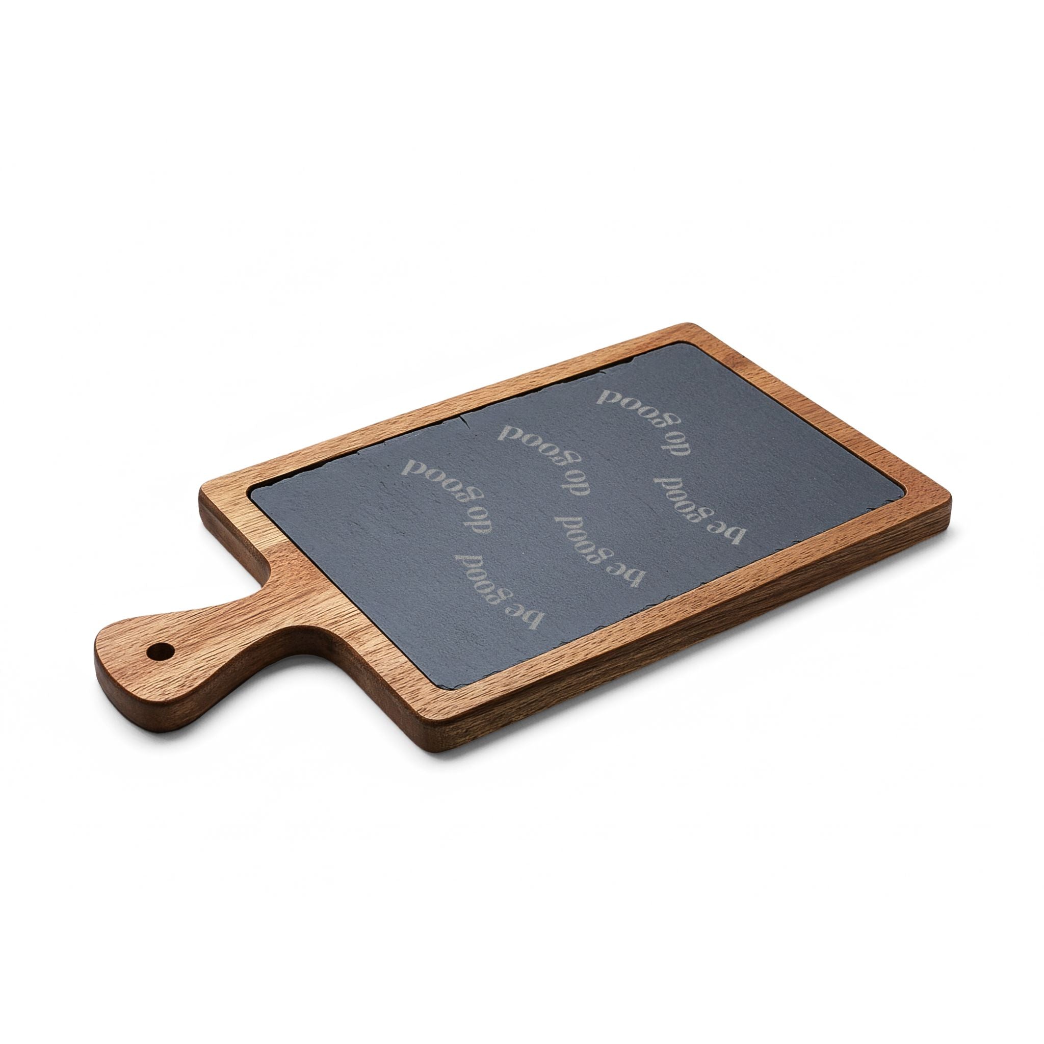 Engraved Charcuterie Board with Slate Round — "Be Good, Do Good"