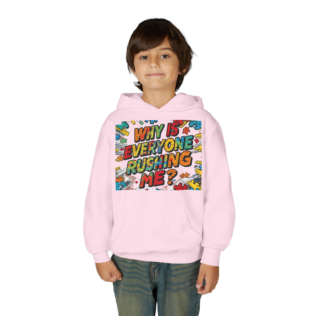 Youth Hoodie — "Why Is Everyone Rushing Me?" Colorful Comic Graphic