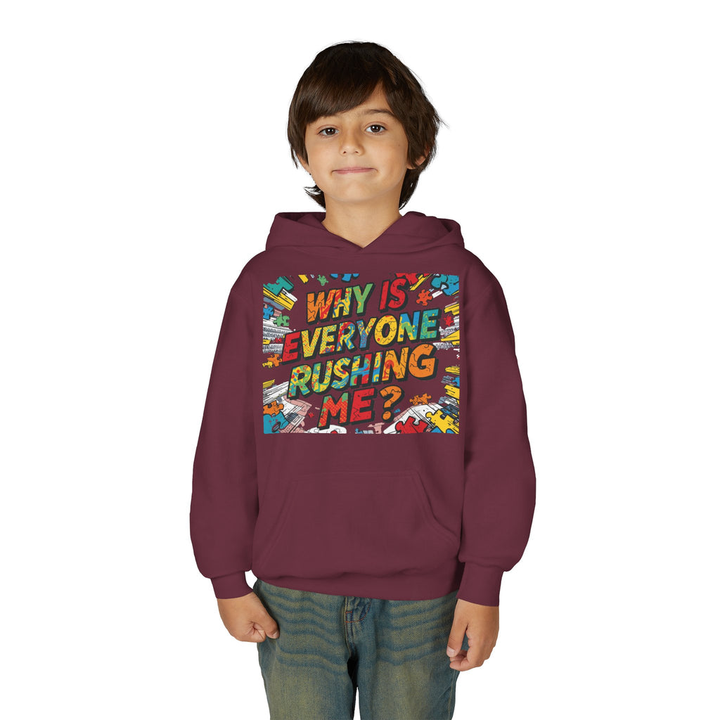 Youth Hoodie — "Why Is Everyone Rushing Me?" Colorful Comic Graphic