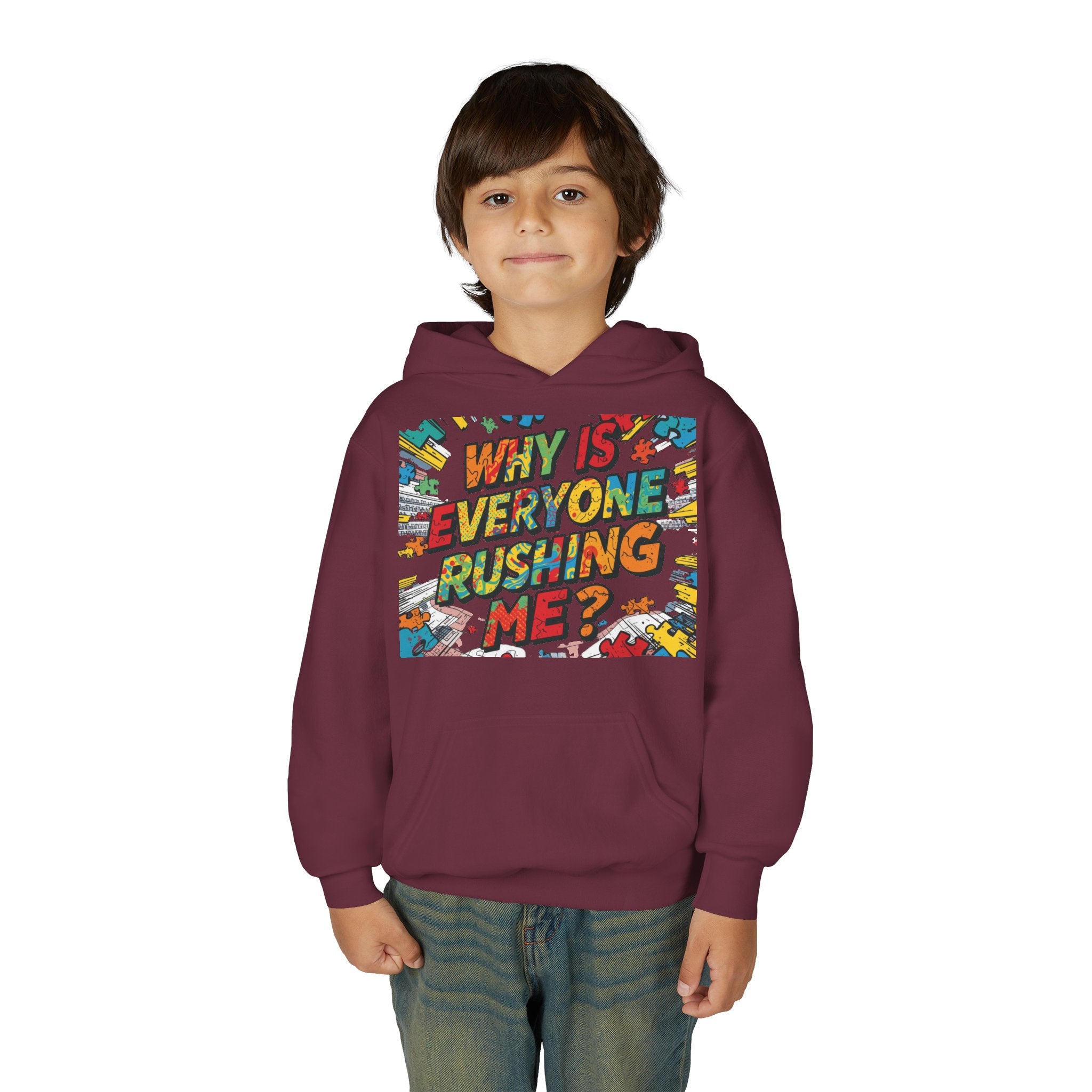 Youth Hoodie — "Why Is Everyone Rushing Me?" Colorful Comic Graphic