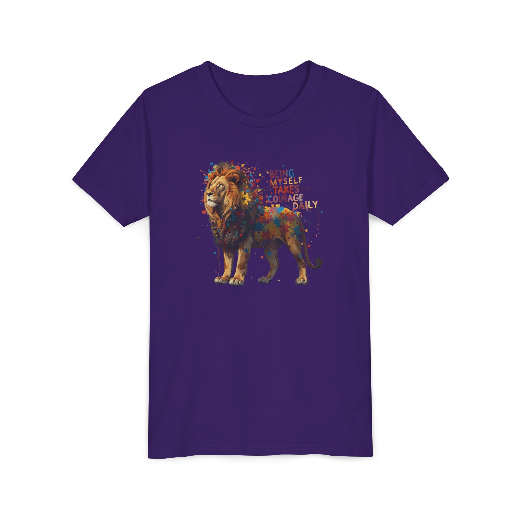Youth Tee — Colorful Lion "Being Brave Takes Courage" Inspirational Kids Shirt