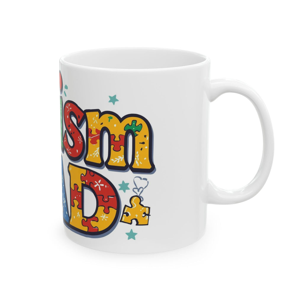 Autism Dad Ceramic Mug — Colorful Puzzle Piece Support Coffee Cup (11oz/15oz)