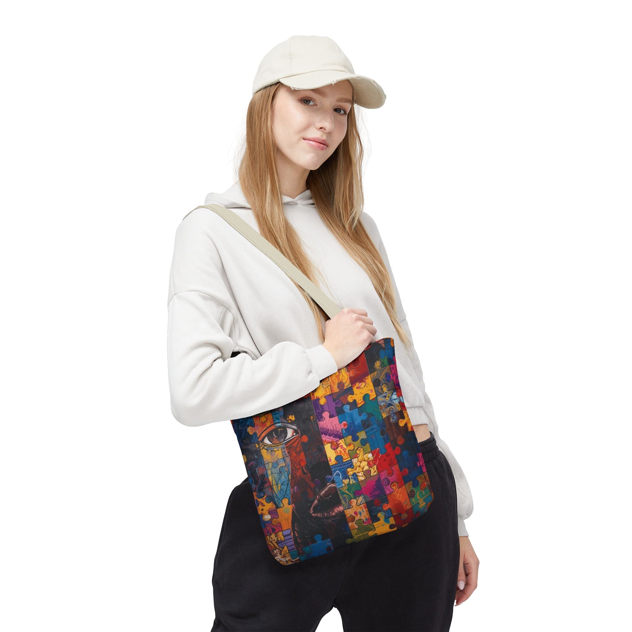 Colorful Puzzle Face Tote Bag — Abstract Art All-Over Print