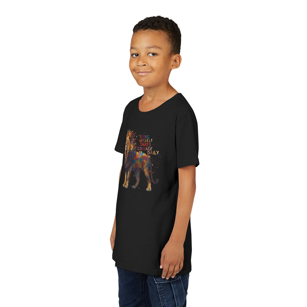 Youth Tee — Colorful Lion "Being Brave Takes Courage" Inspirational Kids Shirt