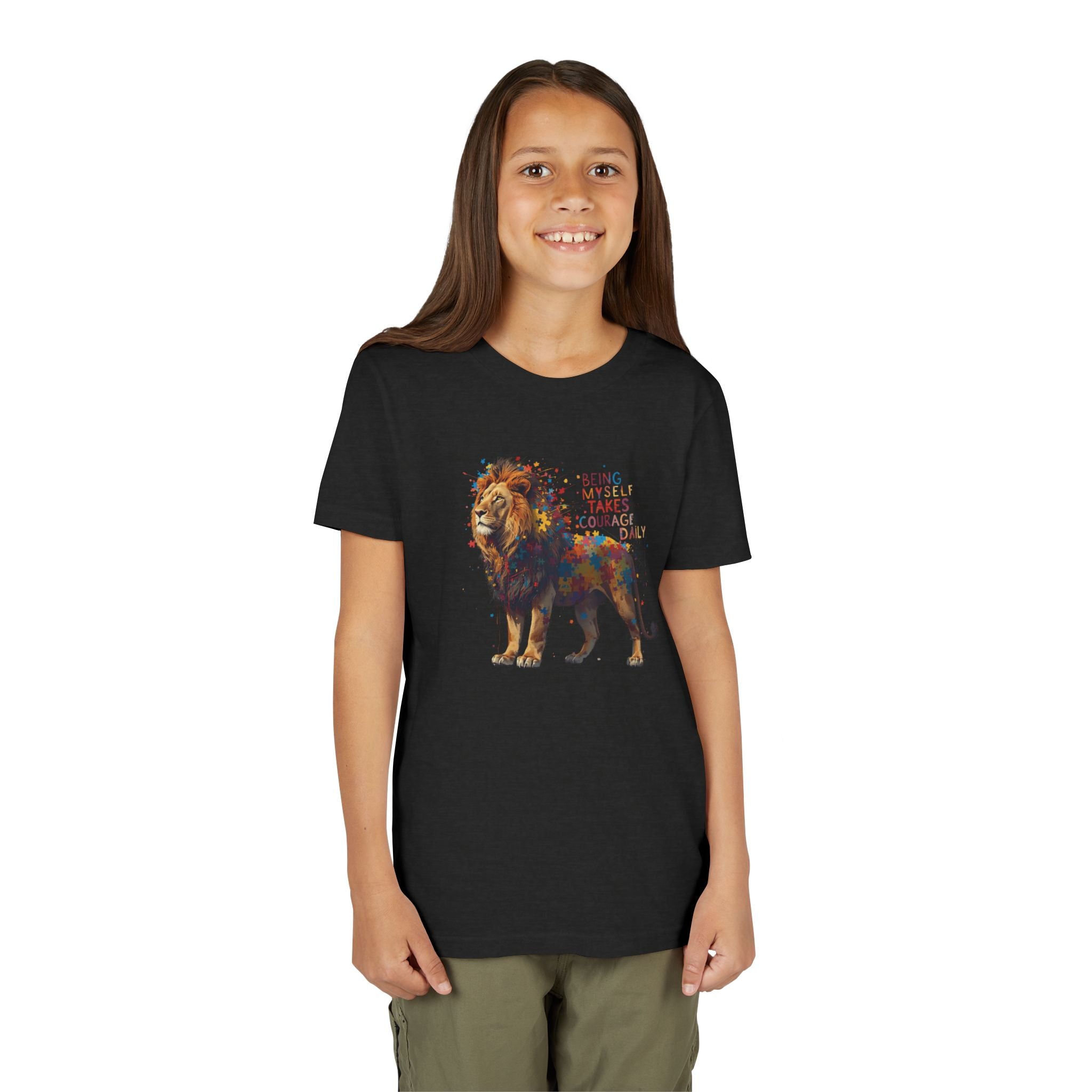 Youth Tee — Colorful Lion "Being Brave Takes Courage" Inspirational Kids Shirt