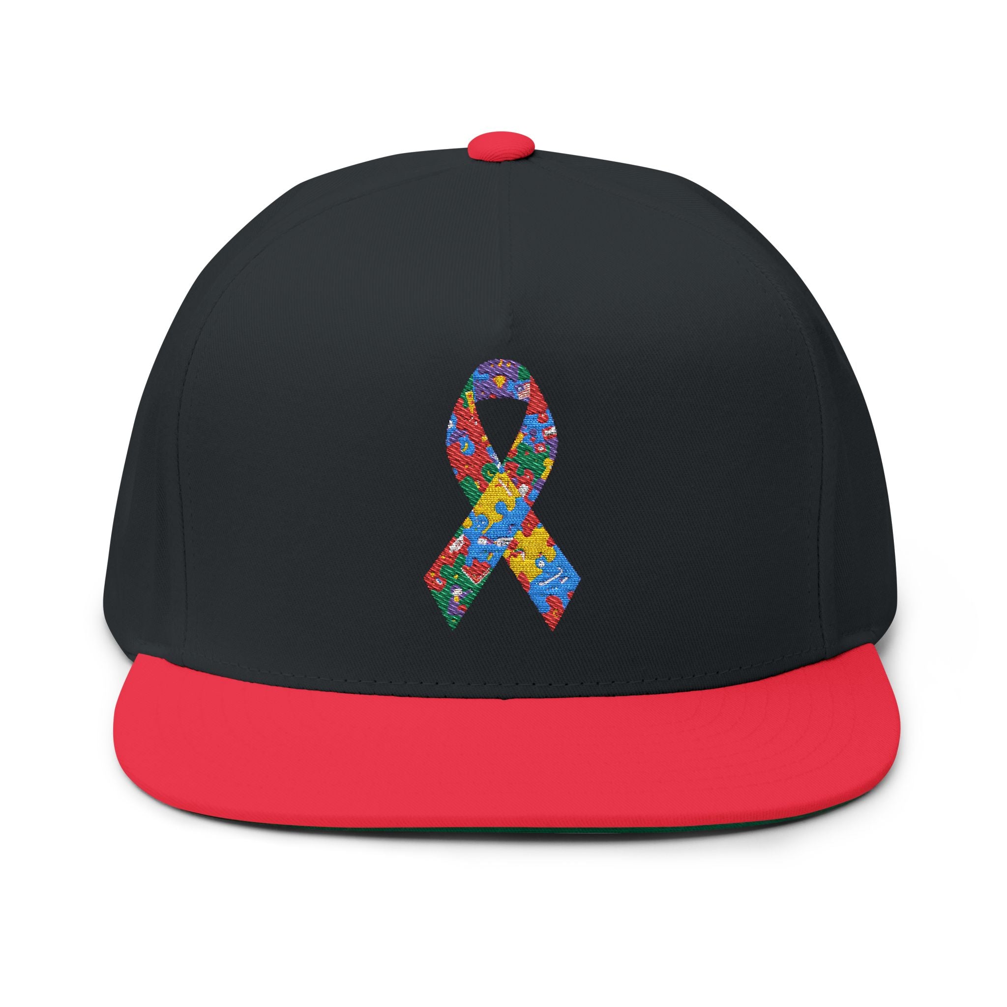 Embroidered Colorful Puzzle Ribbon Snapback Hat — Autism Awareness Flat Bill Cap