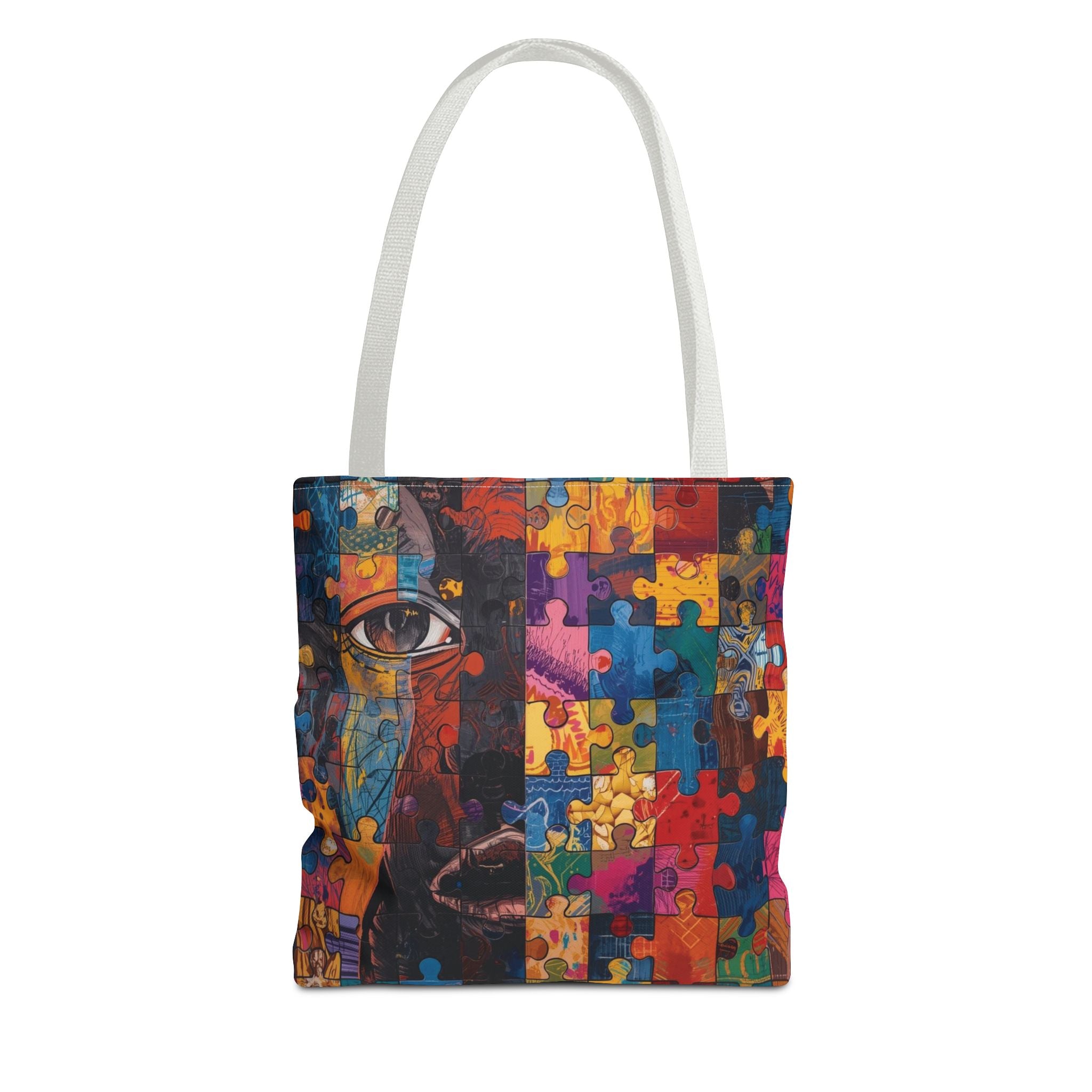 Colorful Puzzle Face Tote Bag — Abstract Art All-Over Print