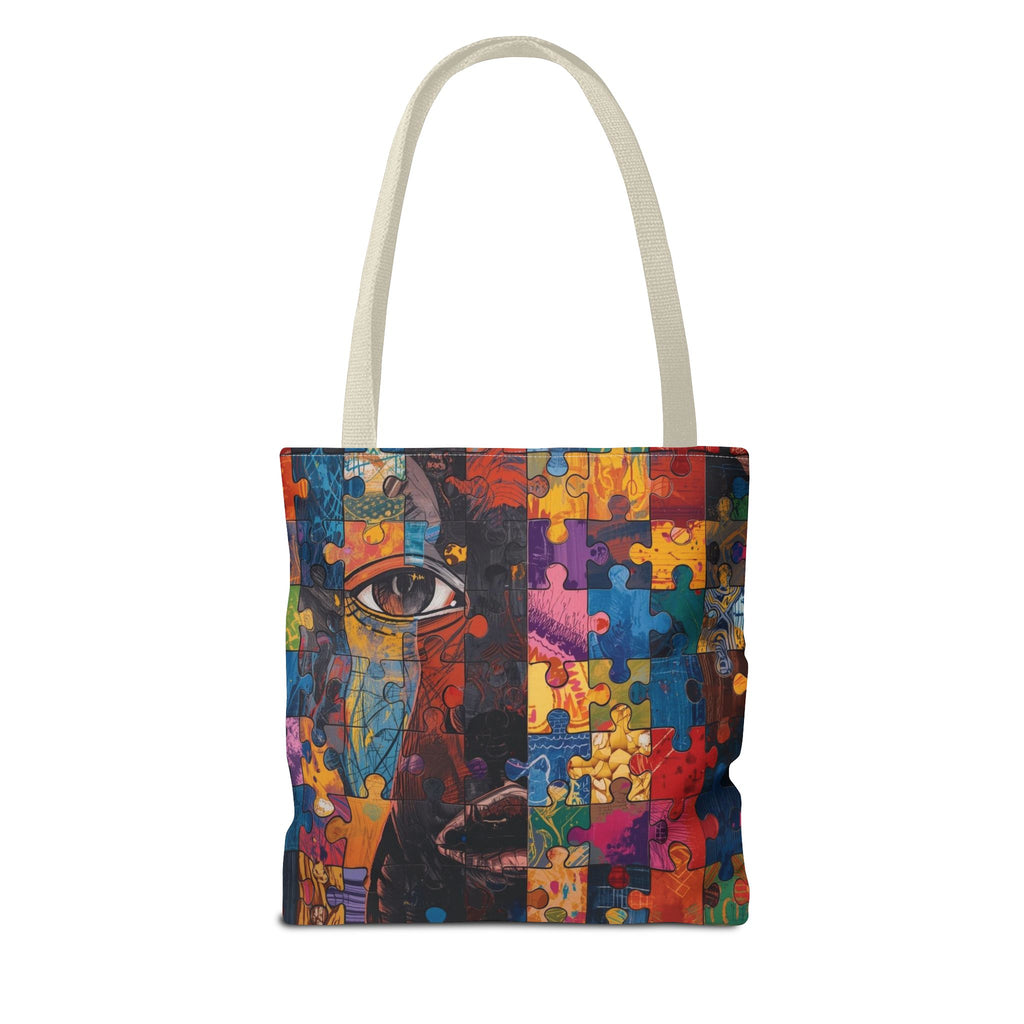 Colorful Puzzle Face Tote Bag — Abstract Art All-Over Print