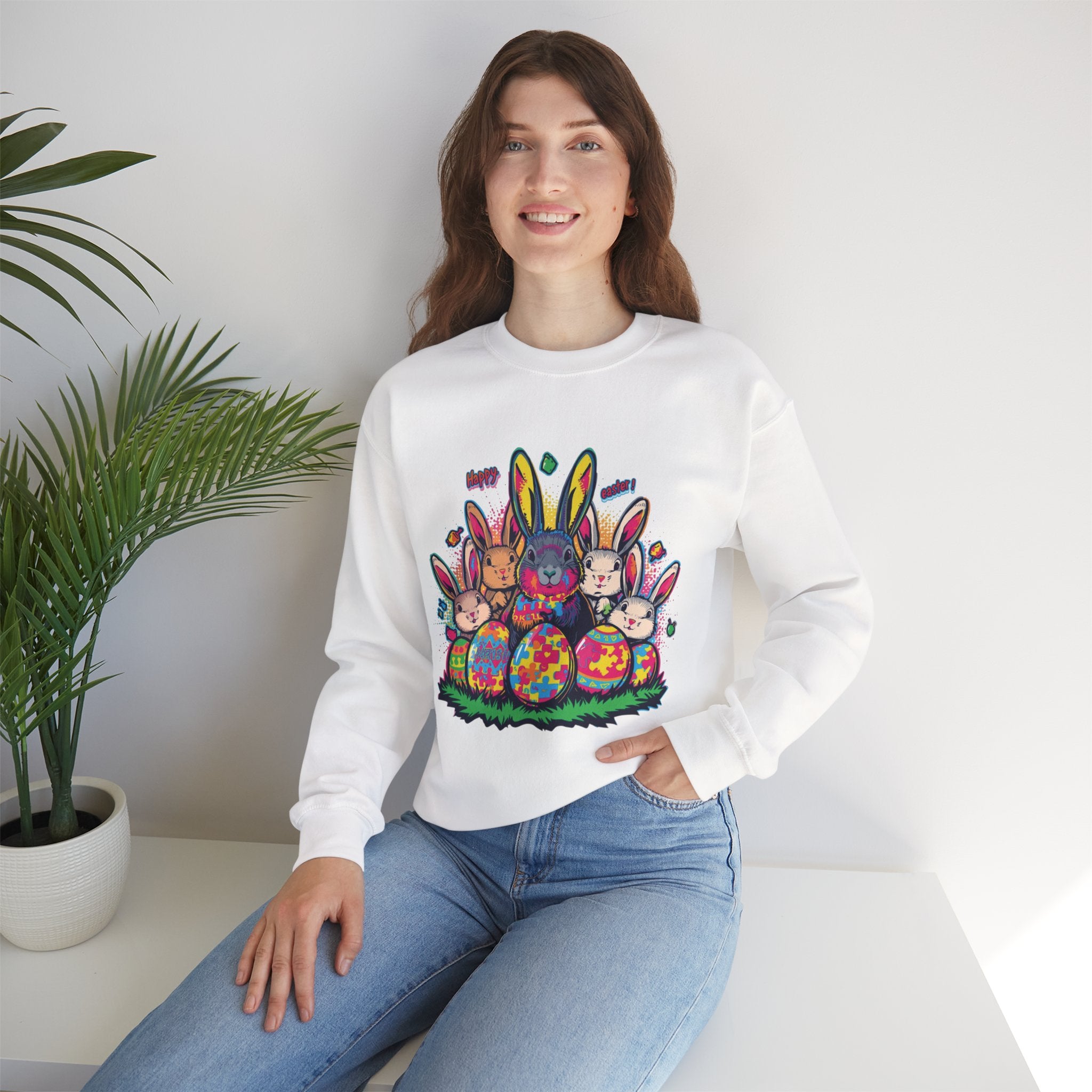 Easter Meets Autism Crewneck Sweatshirt — Colorful Bunnies & Painted Eggs Design