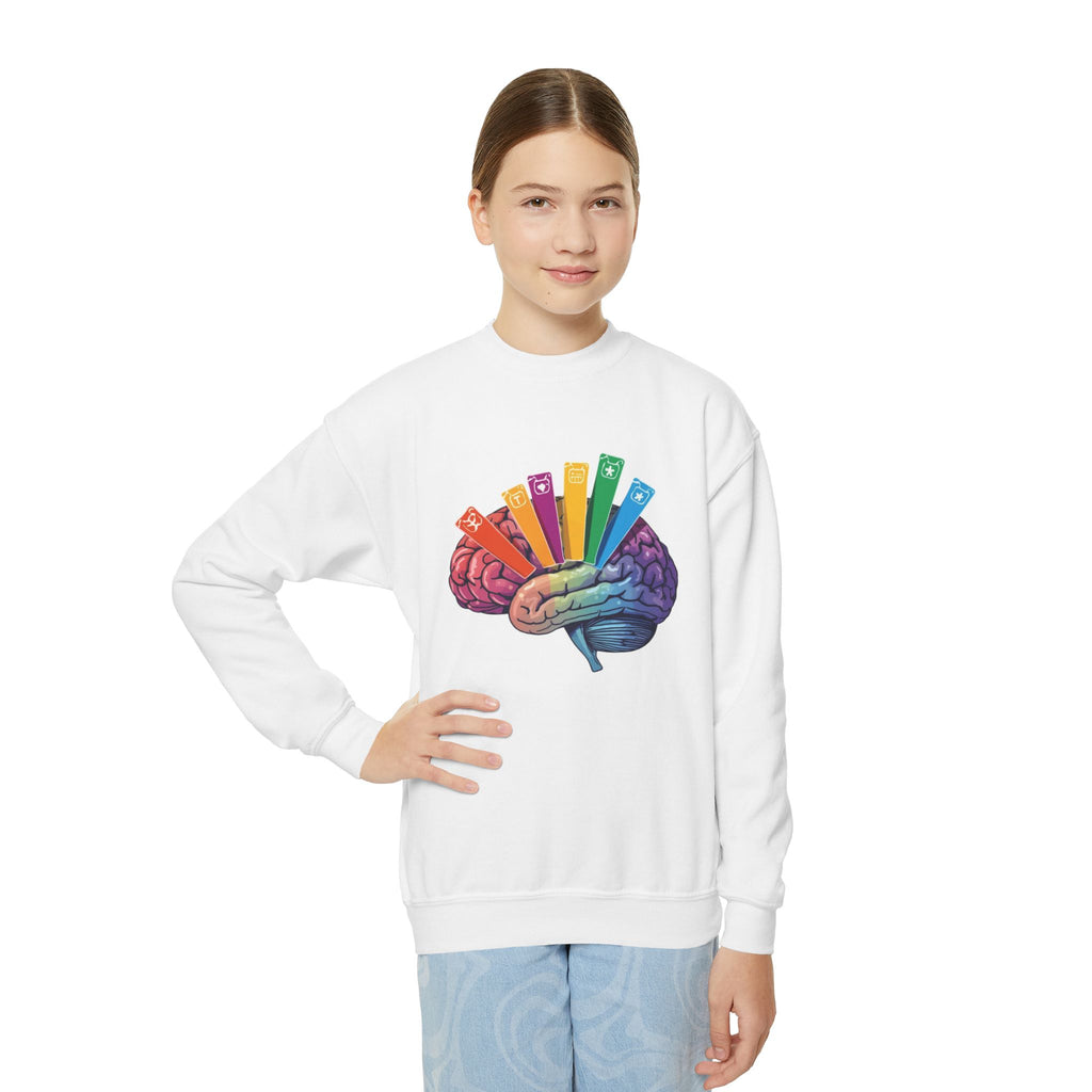 Youth Crewneck Sweatshirt — Autism Brain Graphic “Brain running on multiple open tabs”