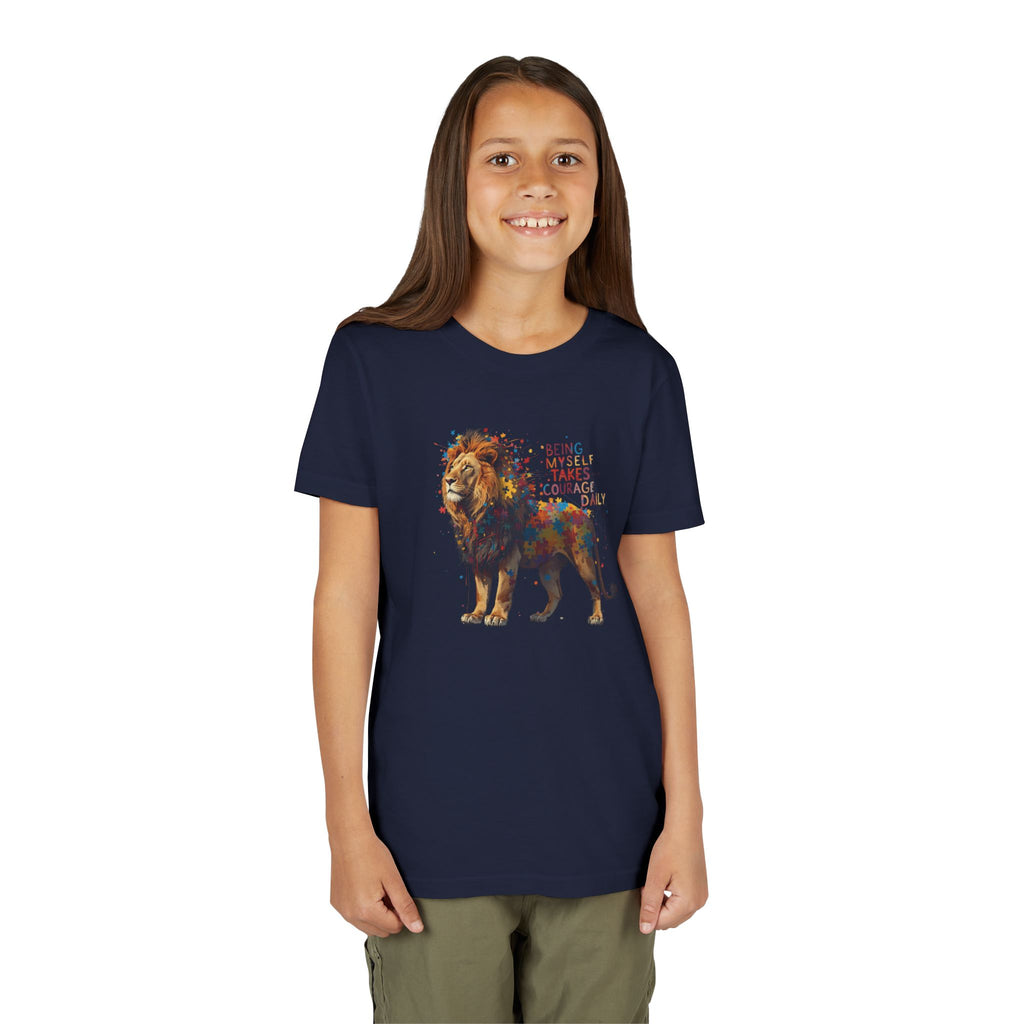 Youth Tee — Colorful Lion "Being Brave Takes Courage" Inspirational Kids Shirt