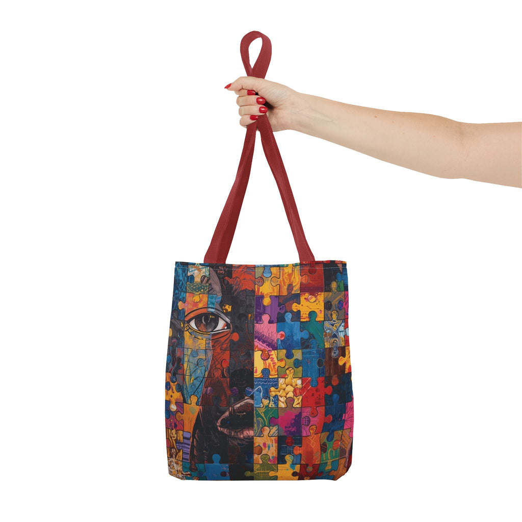 Colorful Puzzle Face Tote Bag — Abstract Art All-Over Print