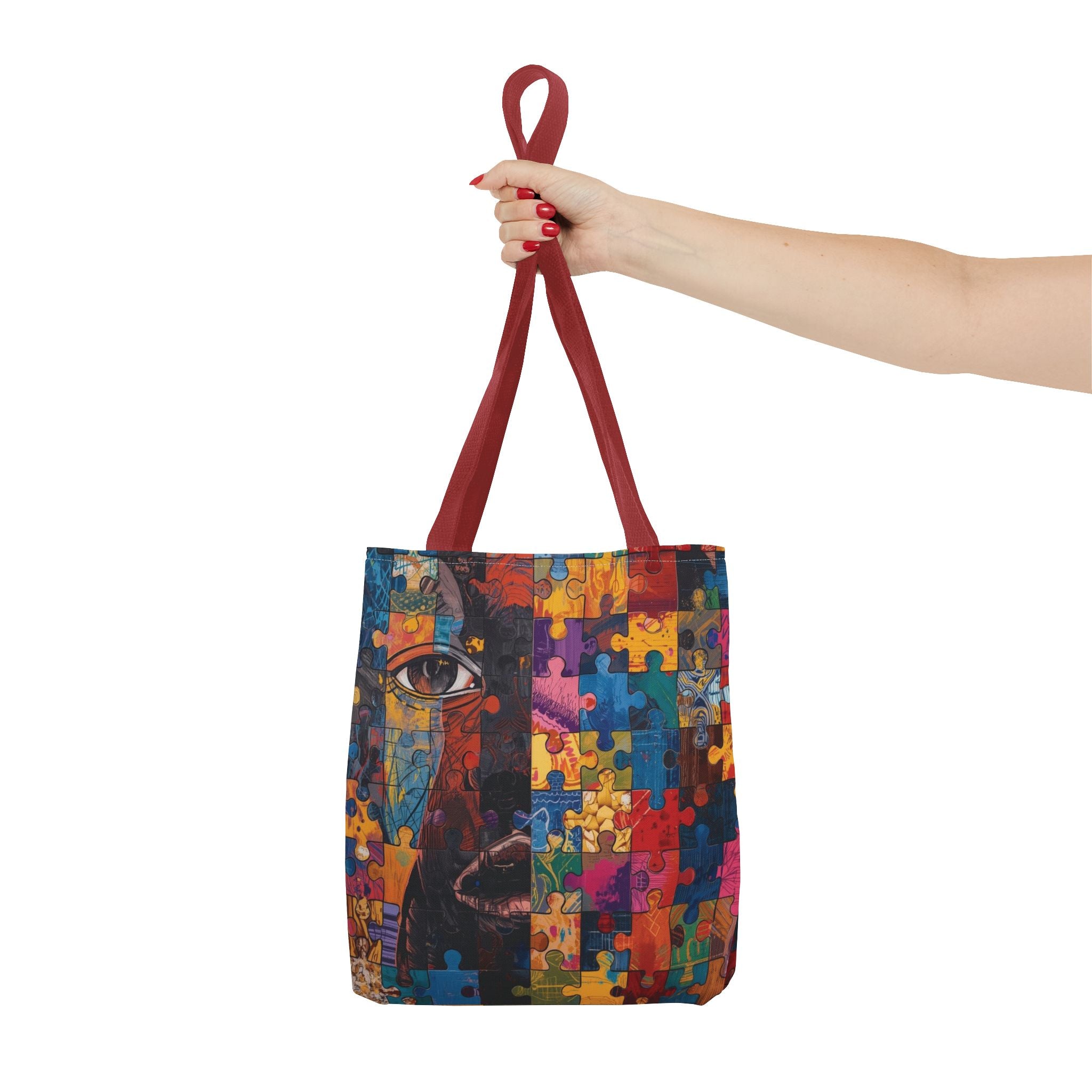 Colorful Puzzle Face Tote Bag — Abstract Art All-Over Print