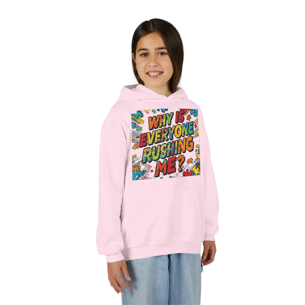 Youth Hoodie — "Why Is Everyone Rushing Me?" Colorful Comic Graphic
