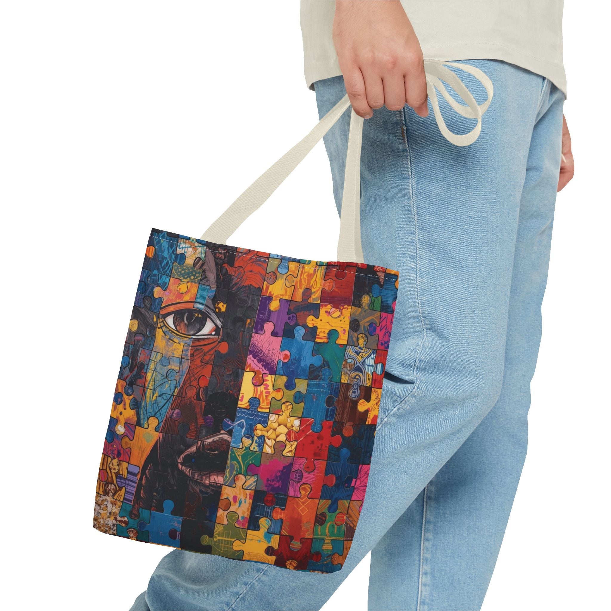 Colorful Puzzle Face Tote Bag — Abstract Art All-Over Print