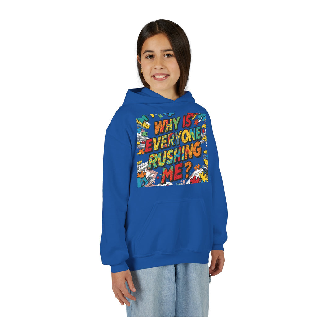 Youth Hoodie — "Why Is Everyone Rushing Me?" Colorful Comic Graphic