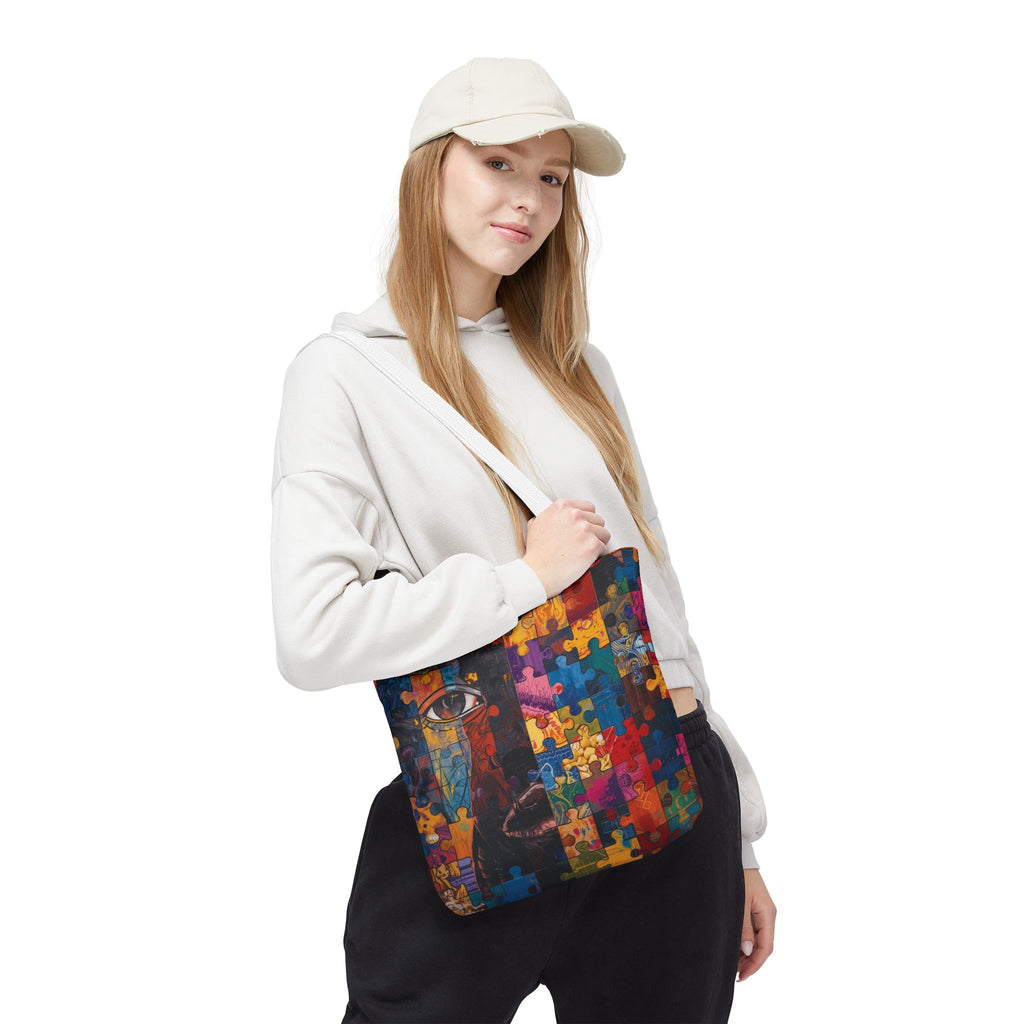 Colorful Puzzle Face Tote Bag — Abstract Art All-Over Print