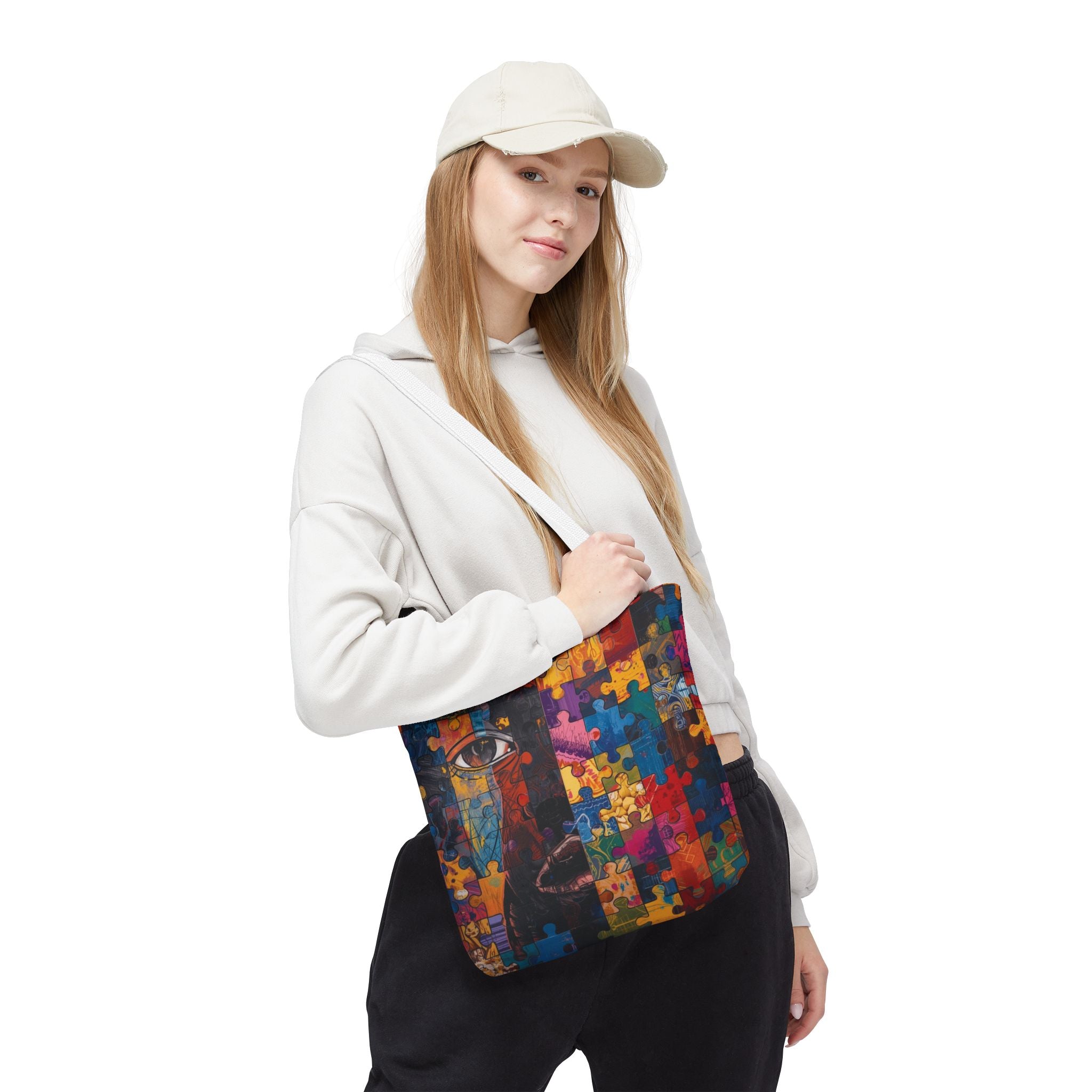 Colorful Puzzle Face Tote Bag — Abstract Art All-Over Print