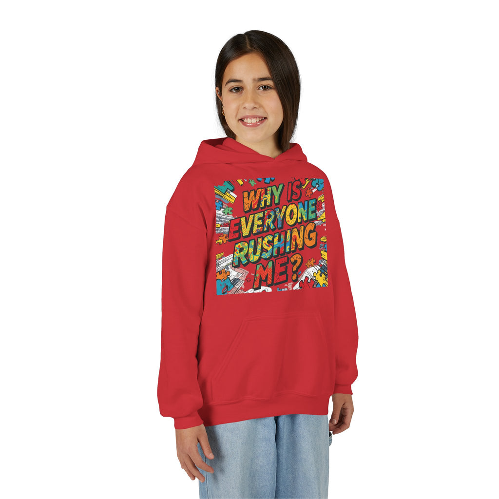 Youth Hoodie — "Why Is Everyone Rushing Me?" Colorful Comic Graphic