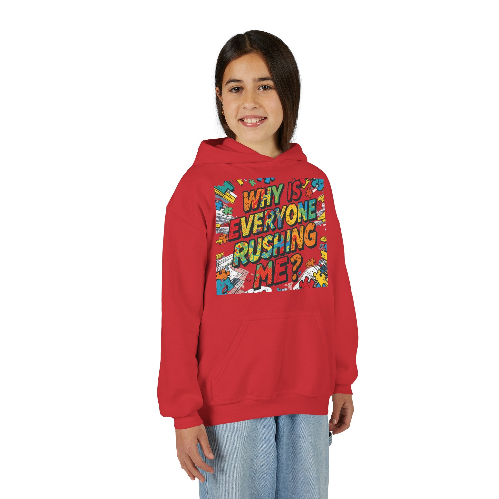 Youth Hoodie — "Why Is Everyone Rushing Me?" Colorful Comic Graphic
