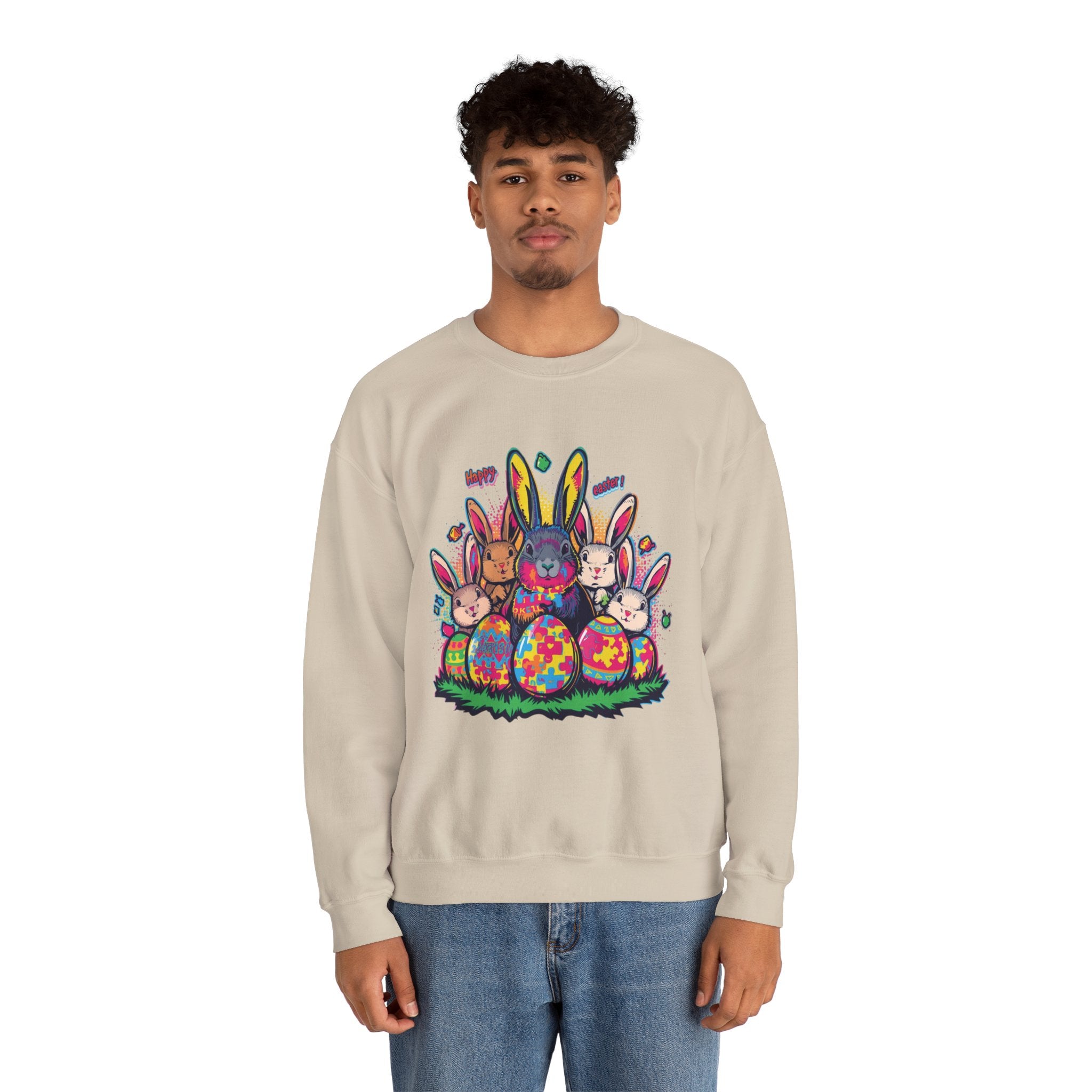 Easter Meets Autism Crewneck Sweatshirt — Colorful Bunnies & Painted Eggs Design