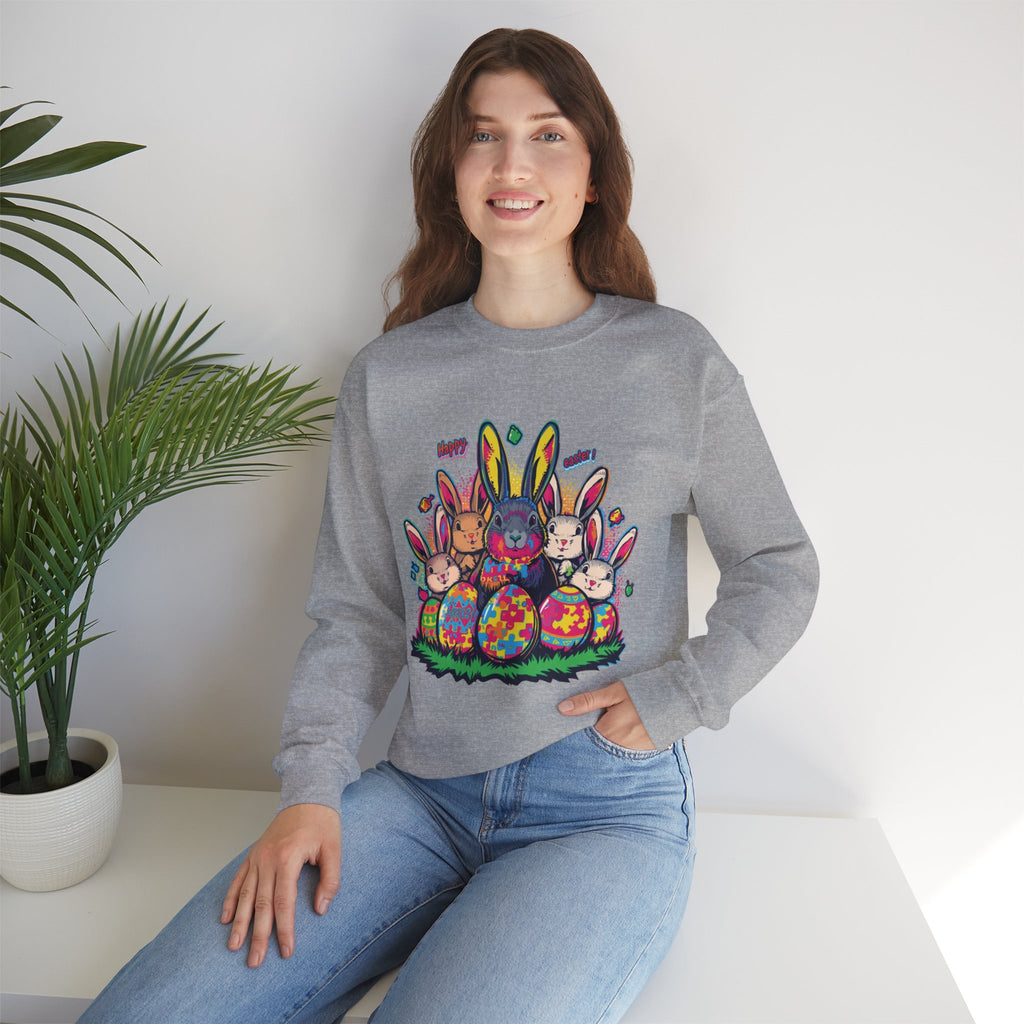 Easter Meets Autism Crewneck Sweatshirt — Colorful Bunnies & Painted Eggs Design