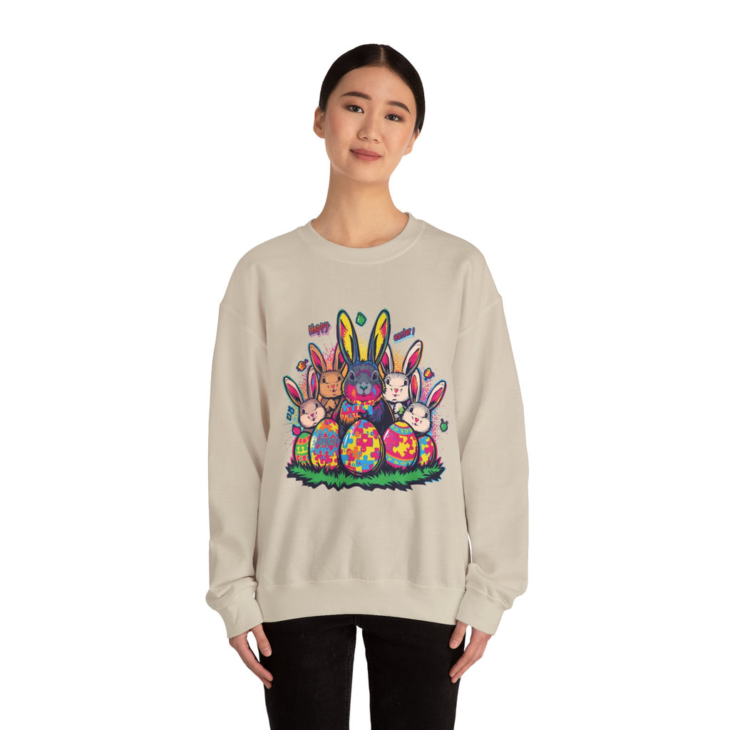 Easter Meets Autism Crewneck Sweatshirt — Colorful Bunnies & Painted Eggs Design