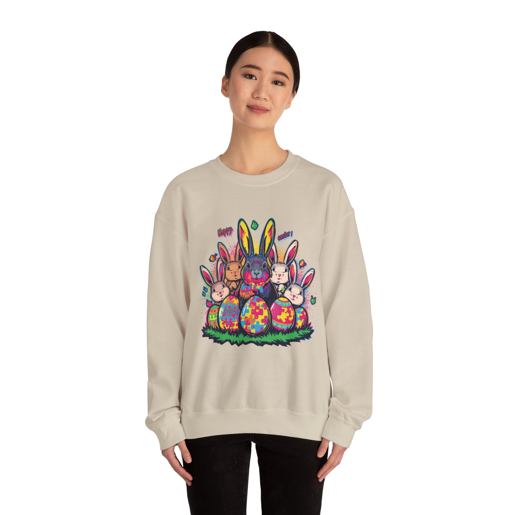 Easter Meets Autism Crewneck Sweatshirt — Colorful Bunnies & Painted Eggs Design