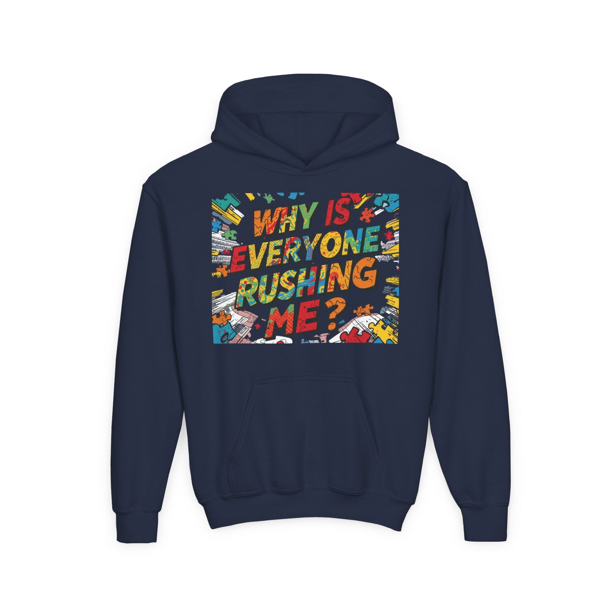 Youth Hoodie — "Why Is Everyone Rushing Me?" Colorful Comic Graphic