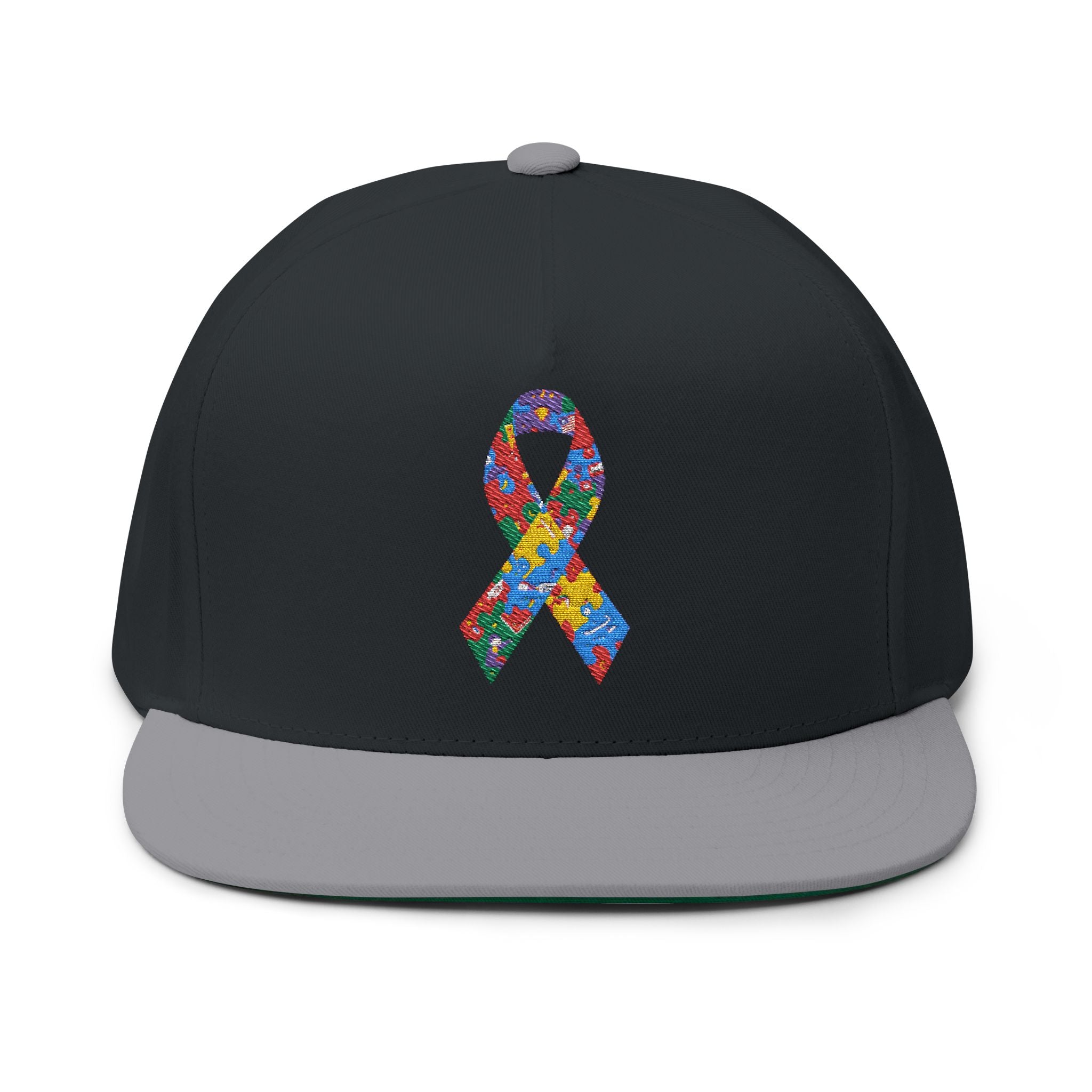 Embroidered Colorful Puzzle Ribbon Snapback Hat — Autism Awareness Flat Bill Cap