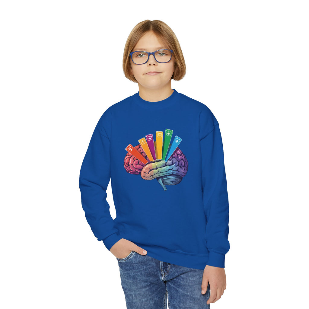 Youth Crewneck Sweatshirt — Autism Brain Graphic “Brain running on multiple open tabs”
