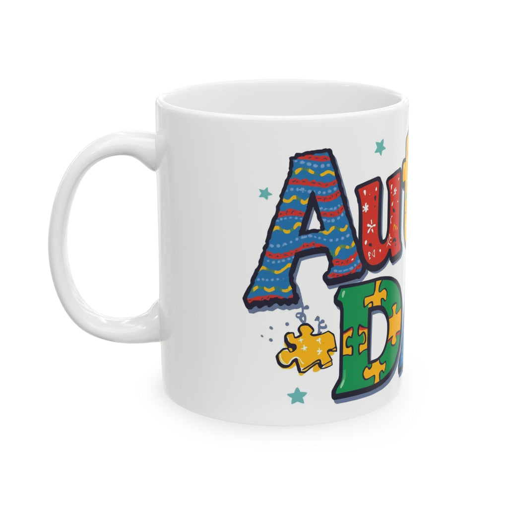 Autism Dad Ceramic Mug — Colorful Puzzle Piece Support Coffee Cup (11oz/15oz)