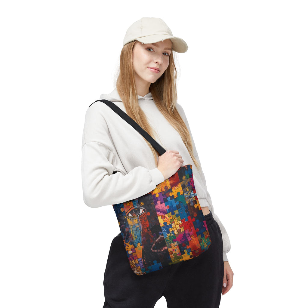Colorful Puzzle Face Tote Bag — Abstract Art All-Over Print