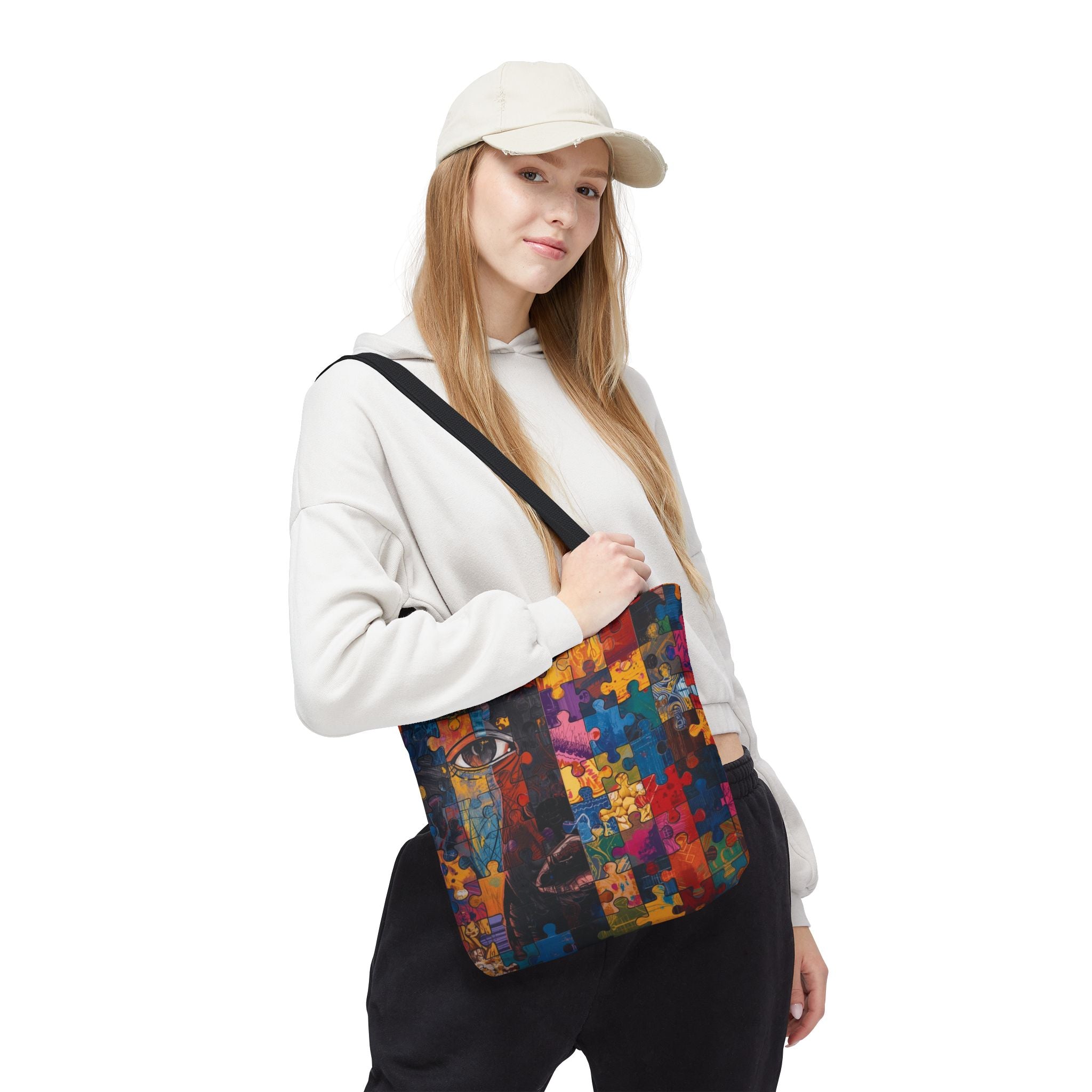 Colorful Puzzle Face Tote Bag — Abstract Art All-Over Print