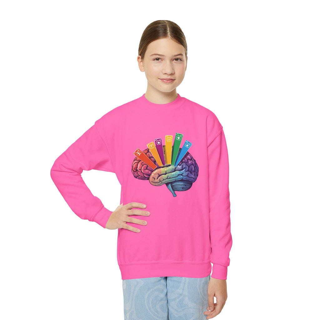 Youth Crewneck Sweatshirt — Autism Brain Graphic “Brain running on multiple open tabs”