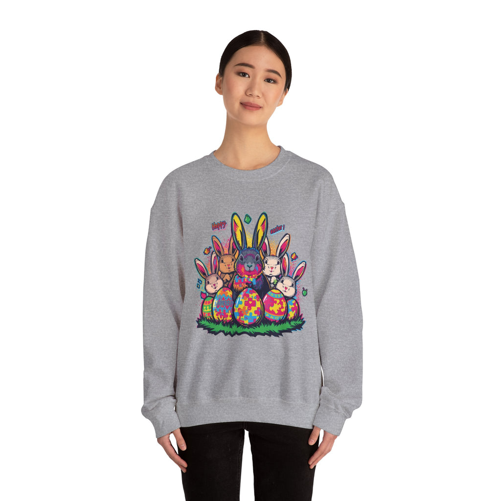Easter Meets Autism Crewneck Sweatshirt — Colorful Bunnies & Painted Eggs Design