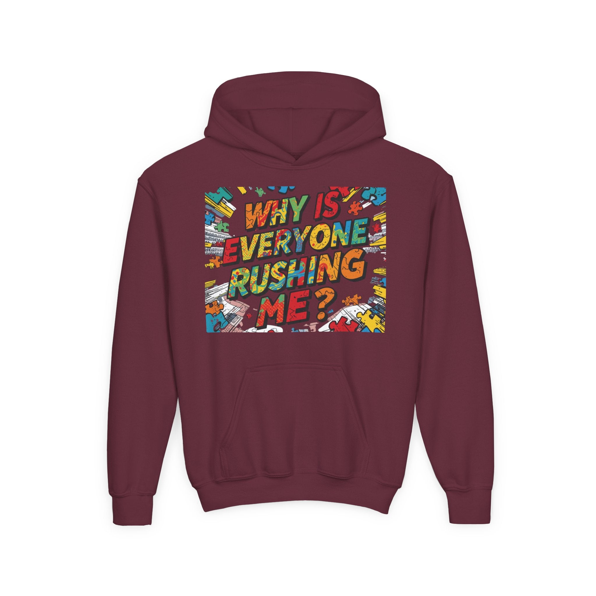 Youth Hoodie — "Why Is Everyone Rushing Me?" Colorful Comic Graphic