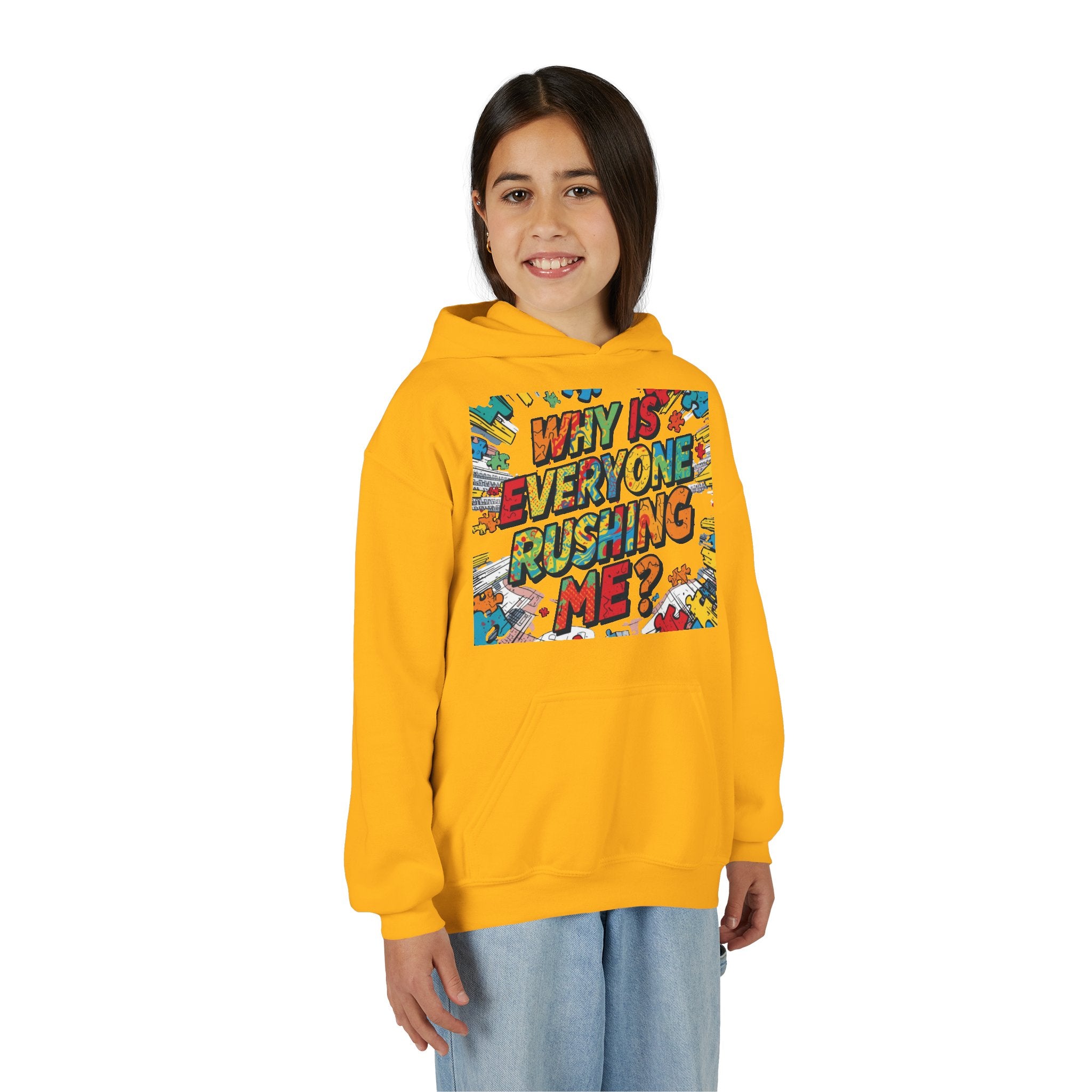 Youth Hoodie — "Why Is Everyone Rushing Me?" Colorful Comic Graphic