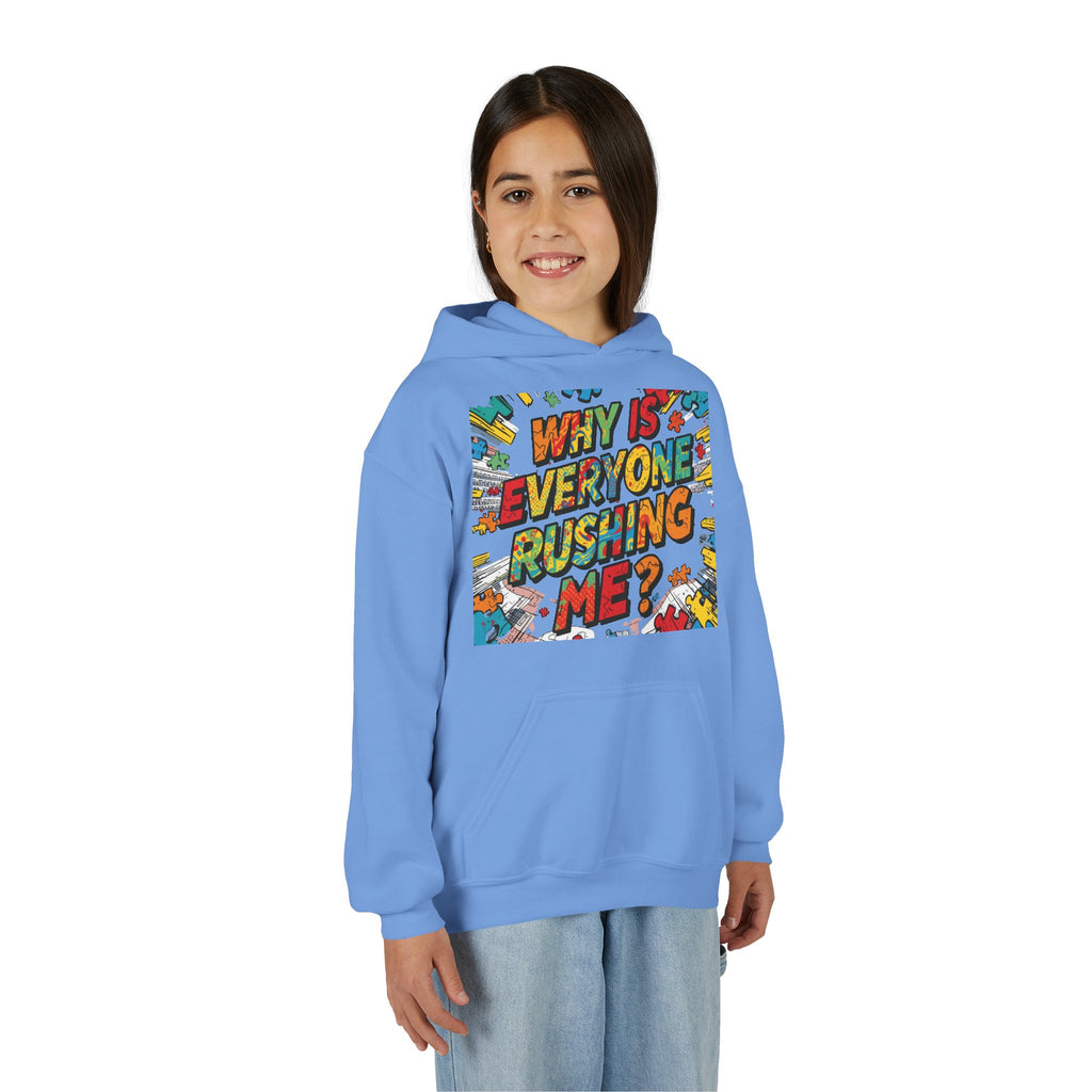 Youth Hoodie — "Why Is Everyone Rushing Me?" Colorful Comic Graphic