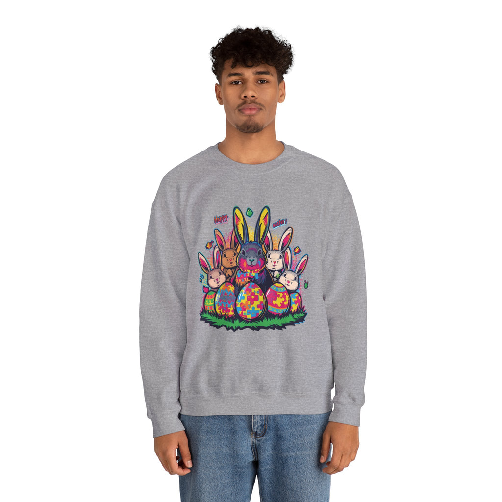 Easter Meets Autism Crewneck Sweatshirt — Colorful Bunnies & Painted Eggs Design