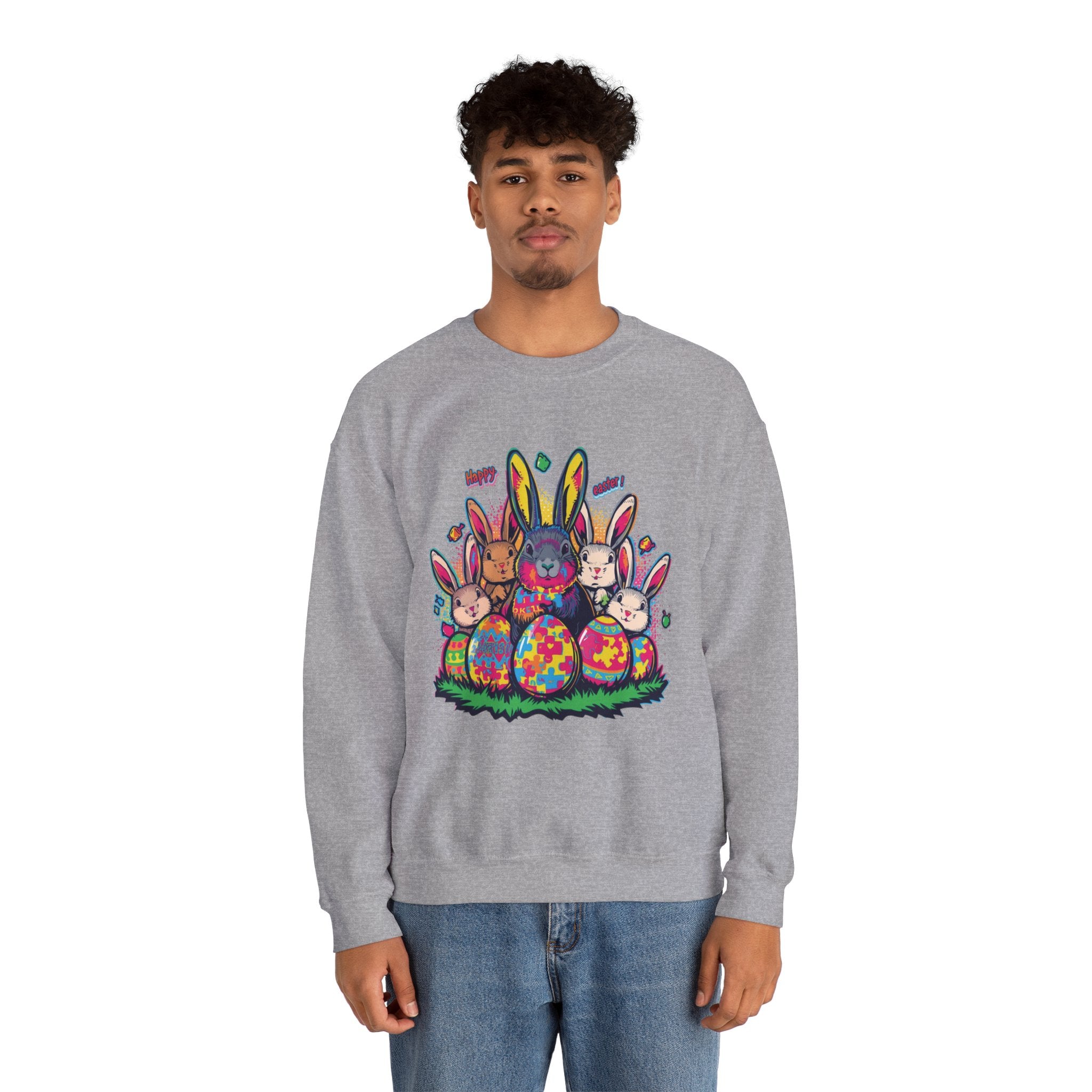 Easter Meets Autism Crewneck Sweatshirt — Colorful Bunnies & Painted Eggs Design