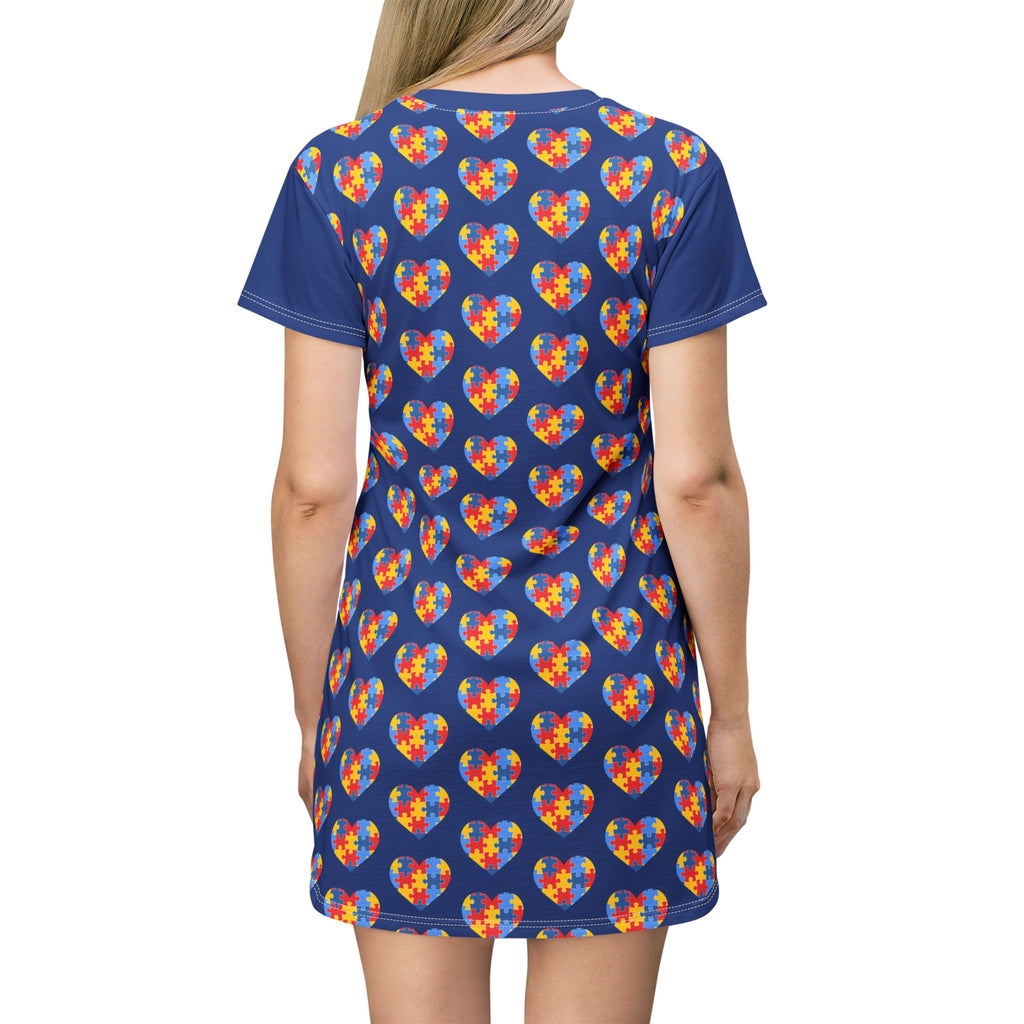 Autism Puzzle Heart T‑Shirt Dress — Rainbow AOP Casual Dress for Awareness & Pride