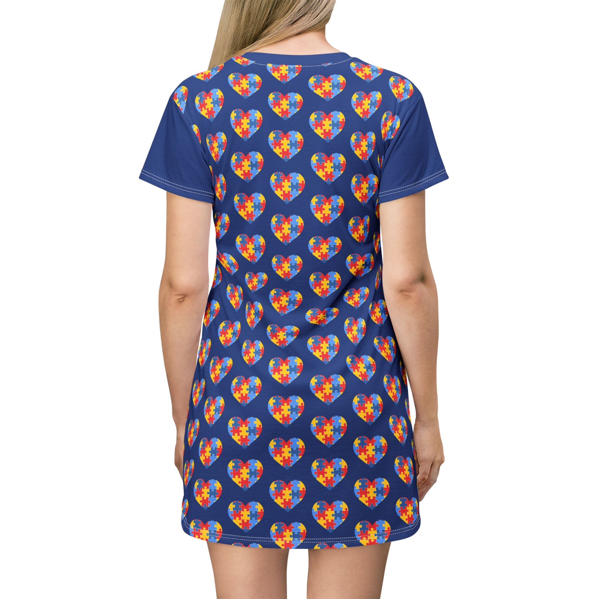 Autism Puzzle Heart T‑Shirt Dress — Rainbow AOP Casual Dress for Awareness & Pride