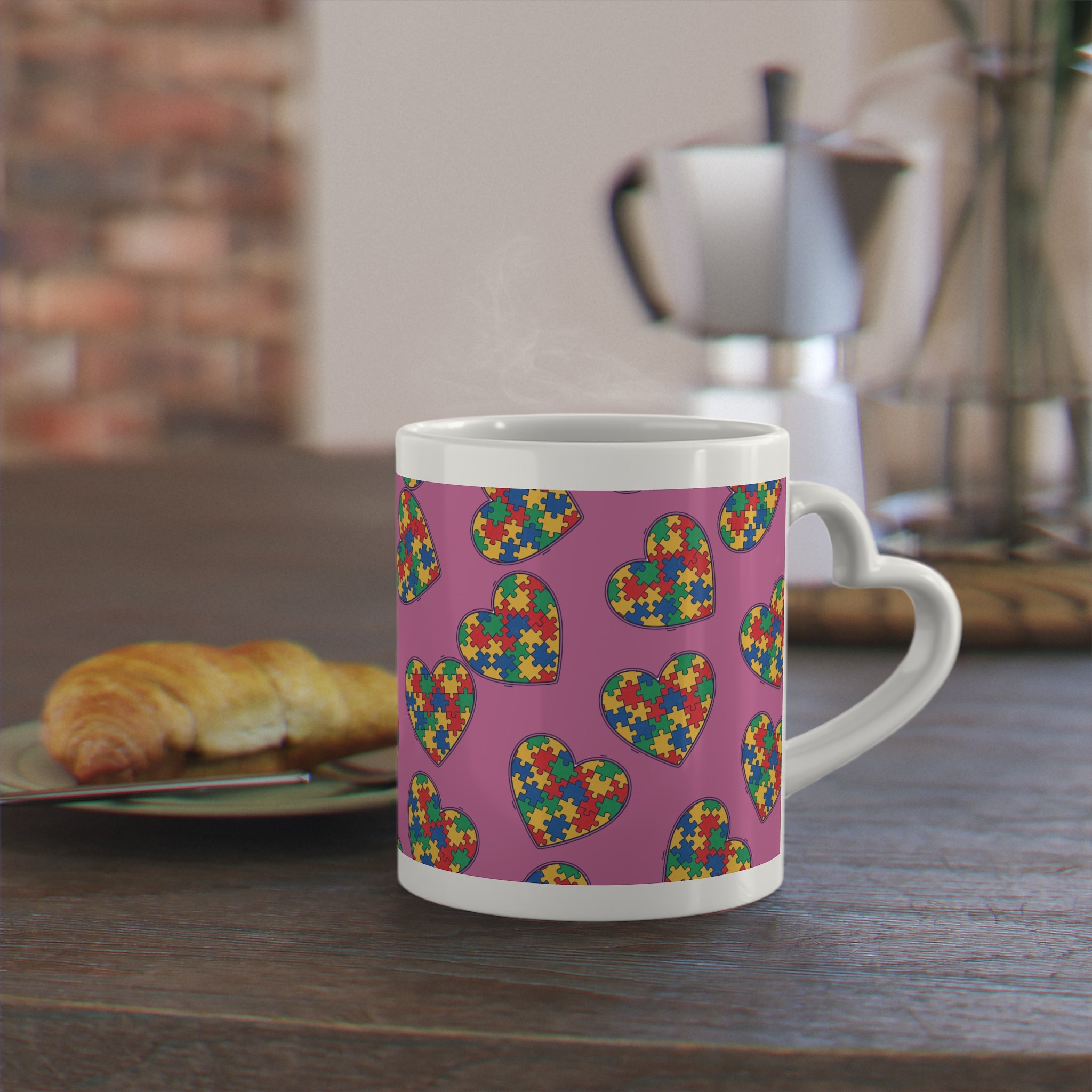 Autism Puzzle Heart Mug — Colorful Love Coffee Cup (Pink Background)