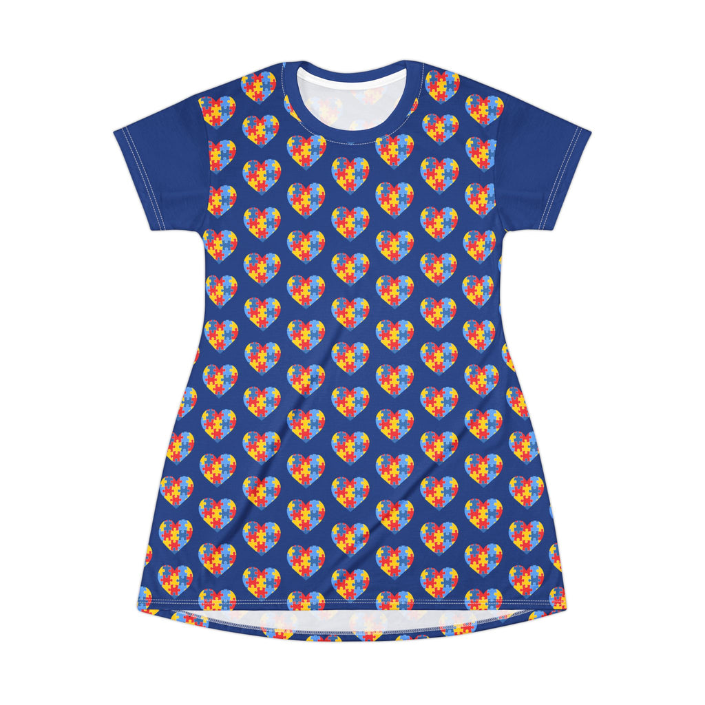 Autism Puzzle Heart T‑Shirt Dress — Rainbow AOP Casual Dress for Awareness & Pride