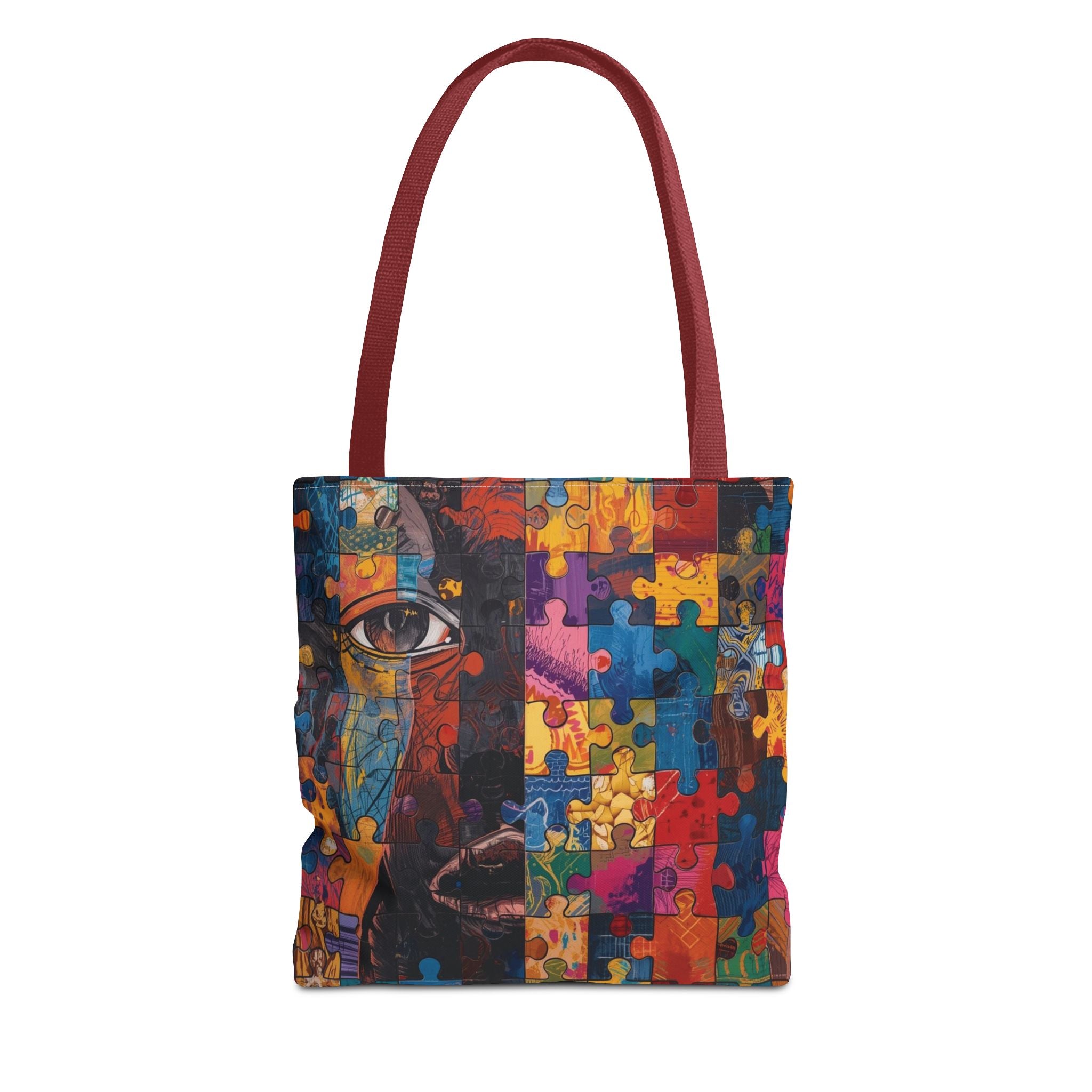 Colorful Puzzle Face Tote Bag — Abstract Art All-Over Print