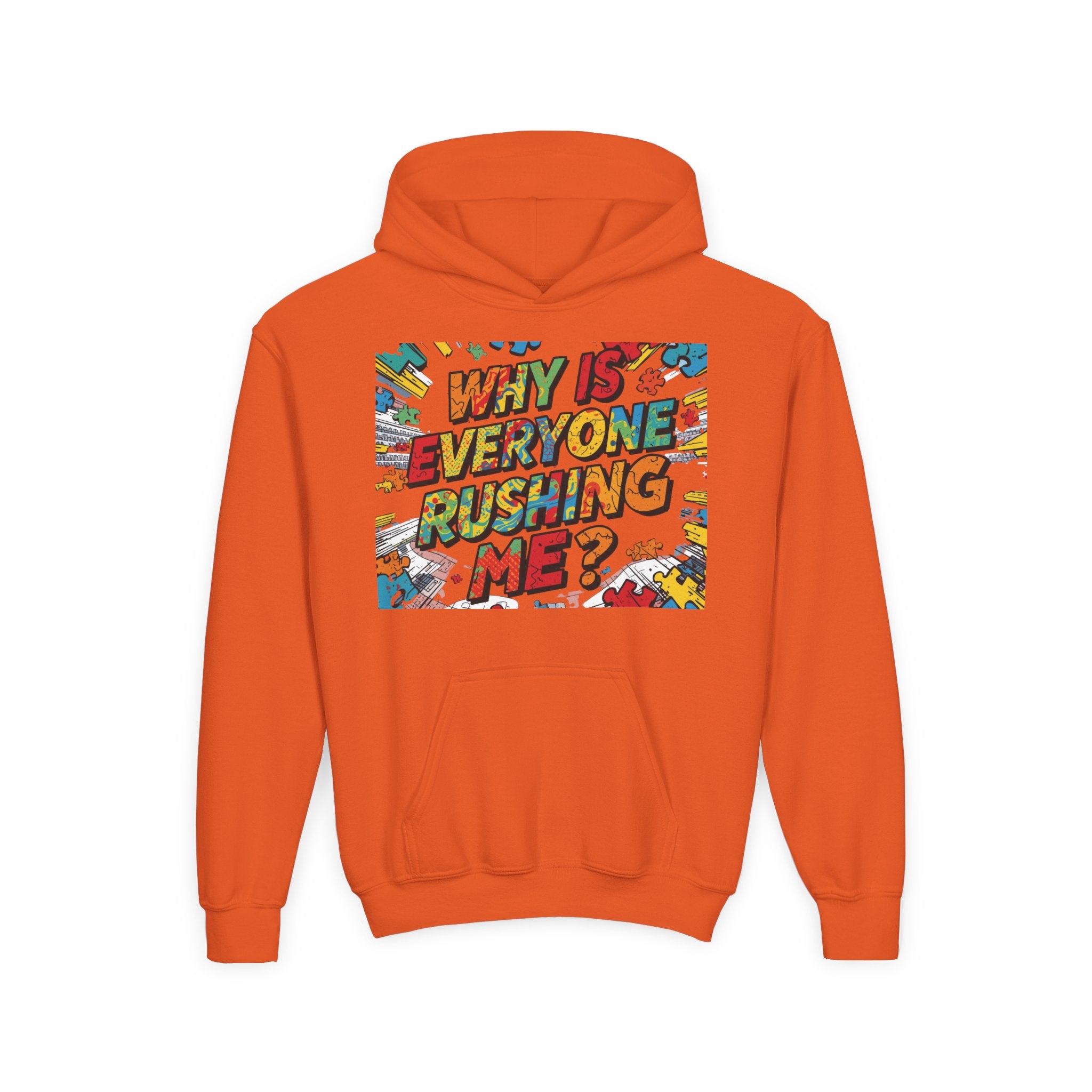 Youth Hoodie — "Why Is Everyone Rushing Me?" Colorful Comic Graphic